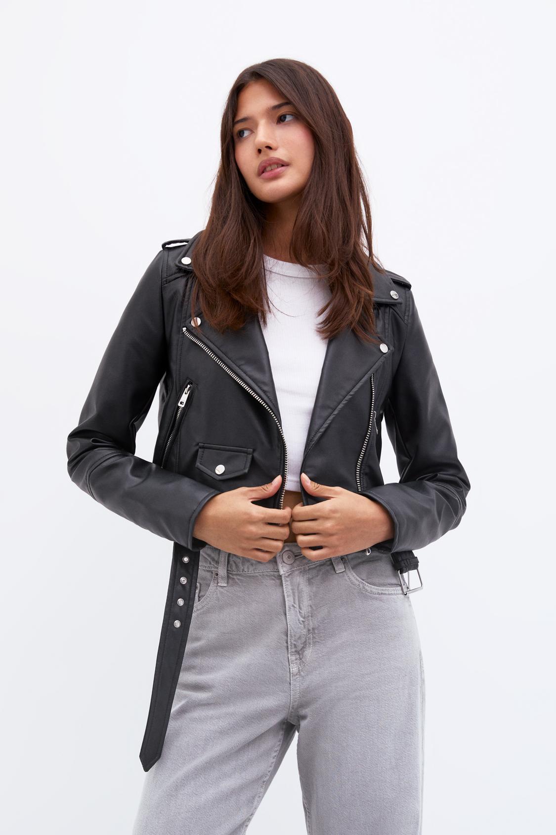 Cazadora Biker Chaqueta Cuero Negra Mujer Pull And Bear Pull And
