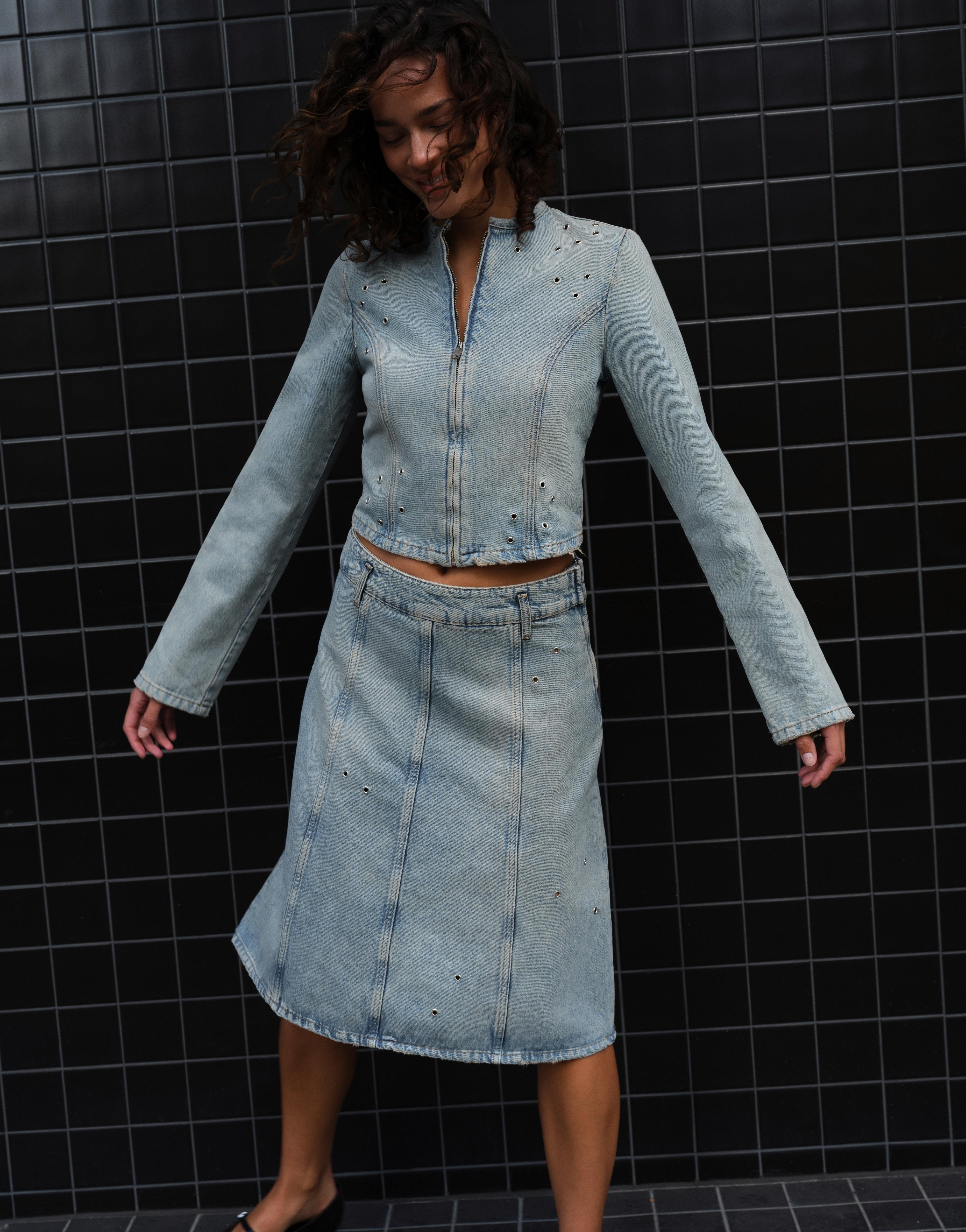 Pull&Bear Kuşgözü detaylı denim ceket görsel 8