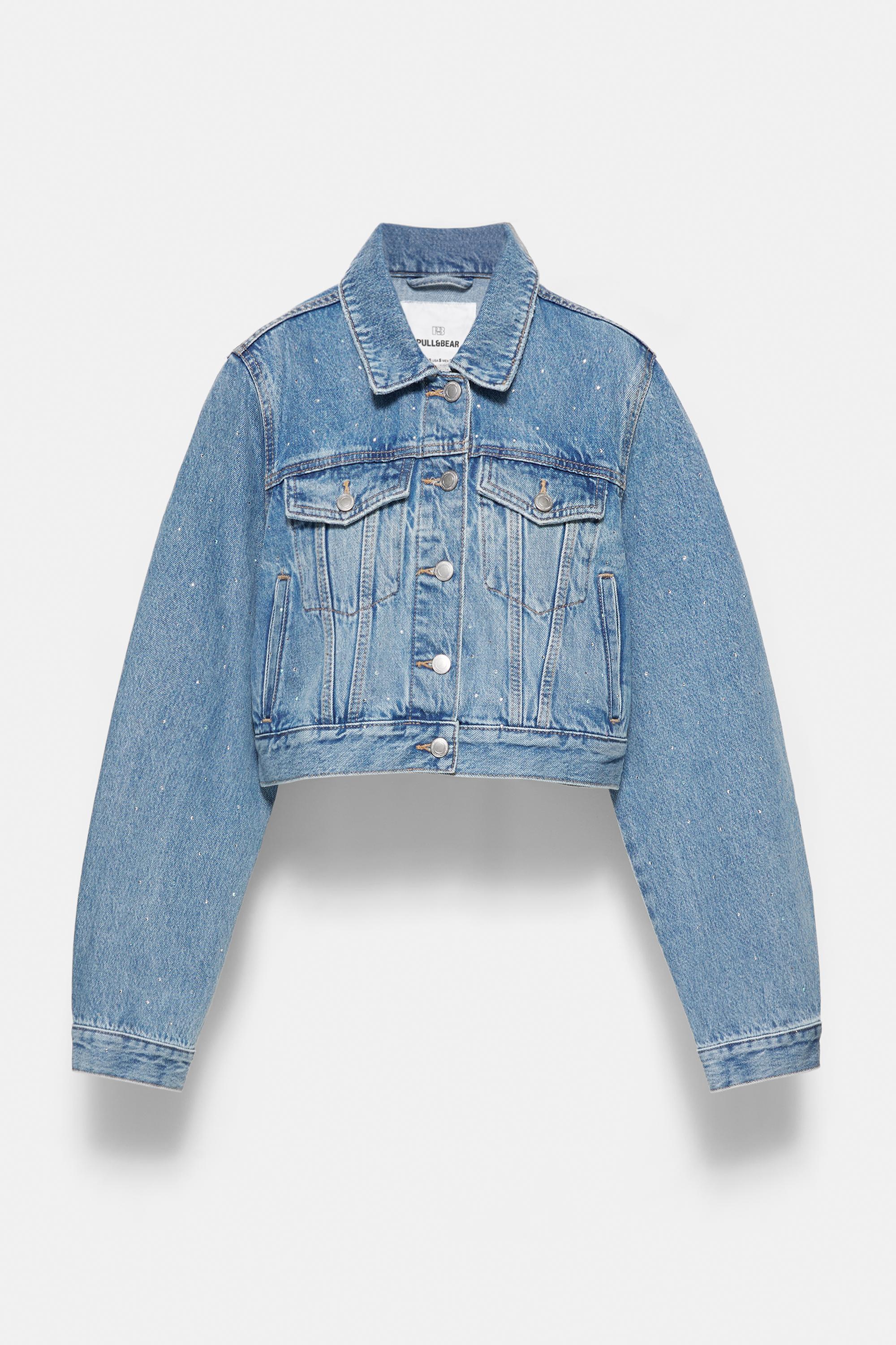 Cropped rhinestone denim jacket — Medium blue