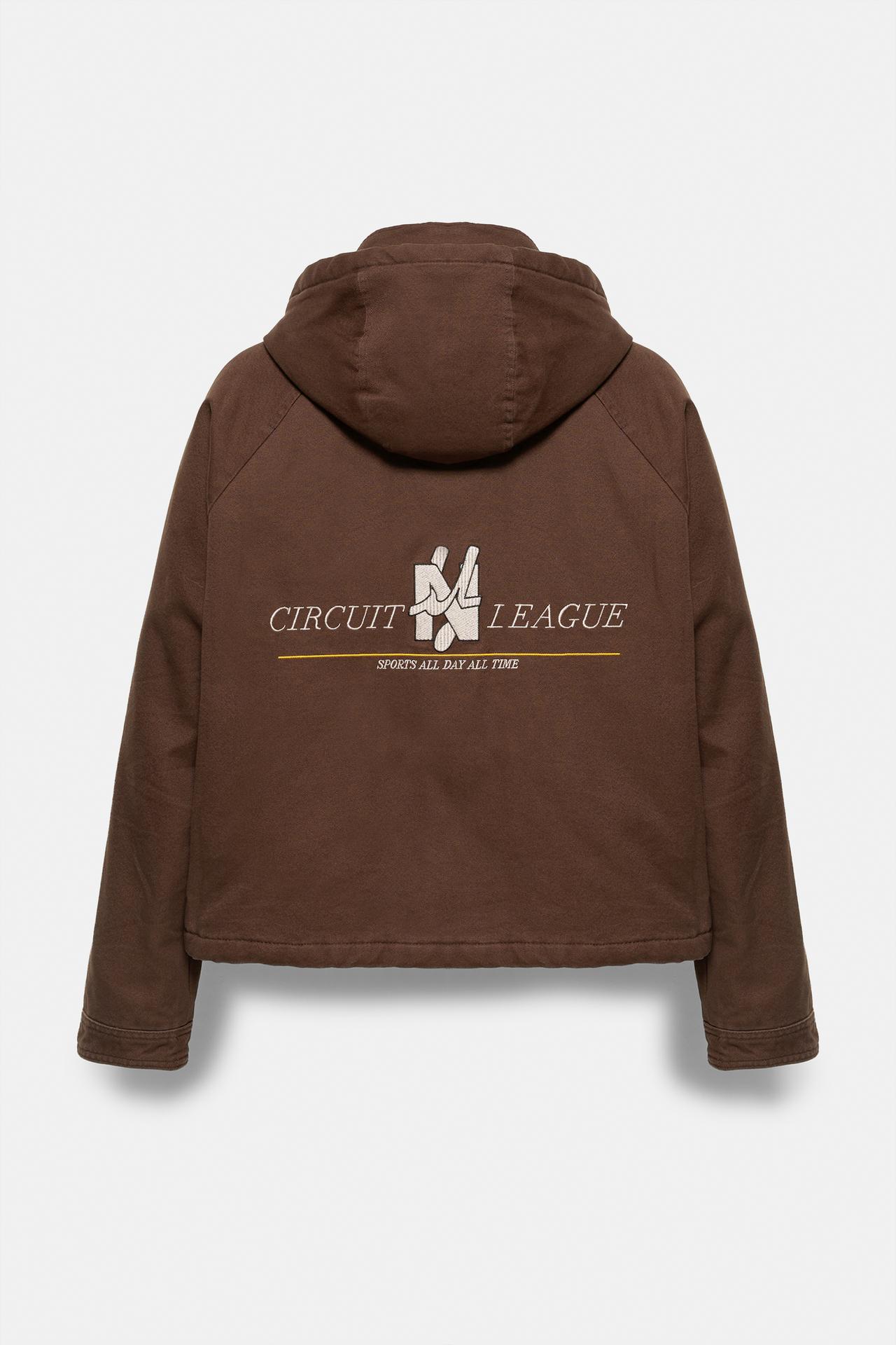 Jacket with hood and fireman clasp — Brown