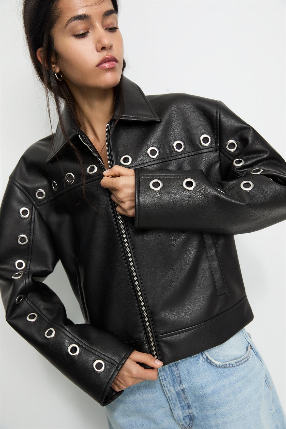 Chamarra Biker Chaqueta Cuero Negra Mujer Pull And Bear Cazadora