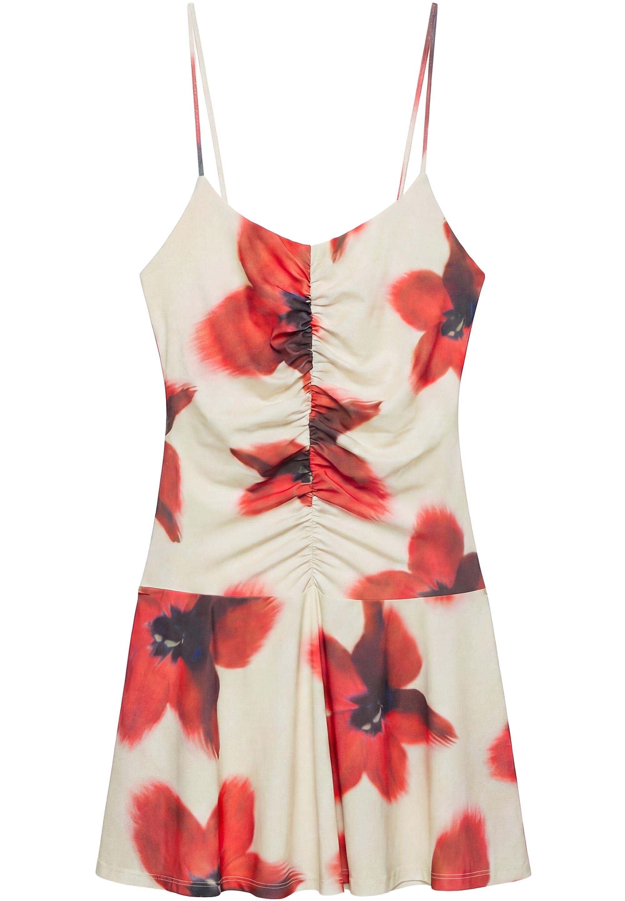 Short strappy gathered dress — Ecru/Red