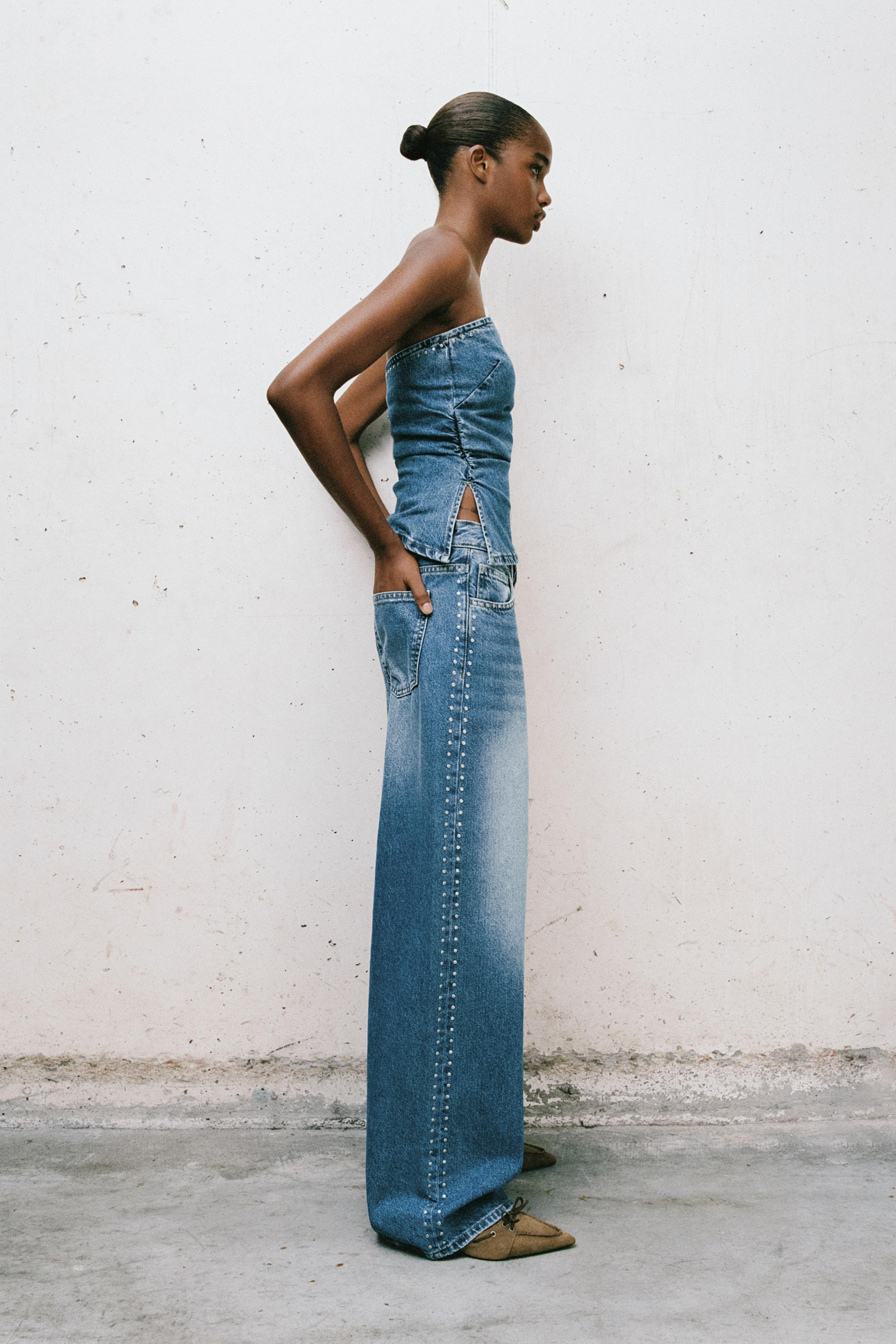 Wide-leg stud jeans — Medium blue