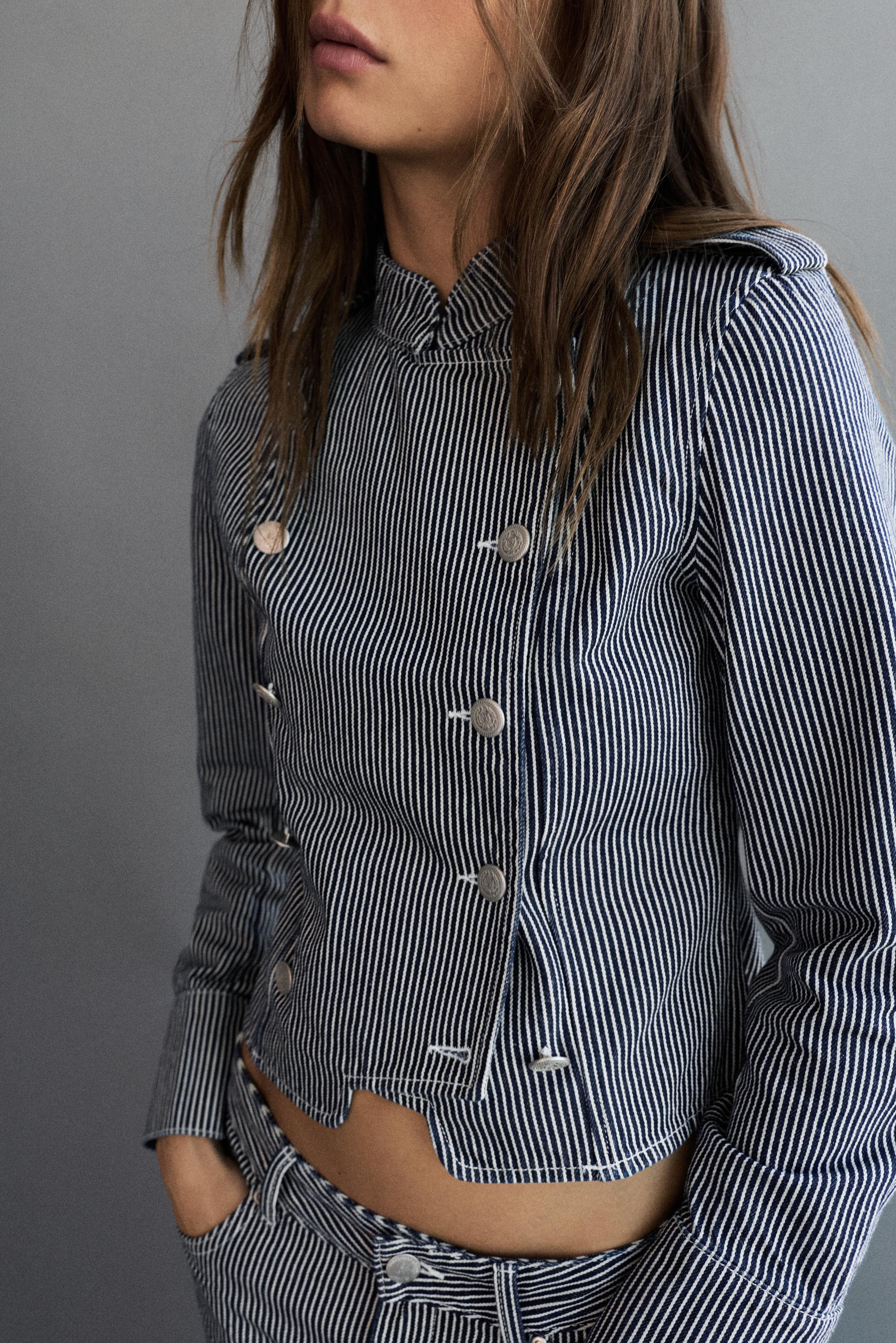 Striped buttoned denim jacket — Dark blue