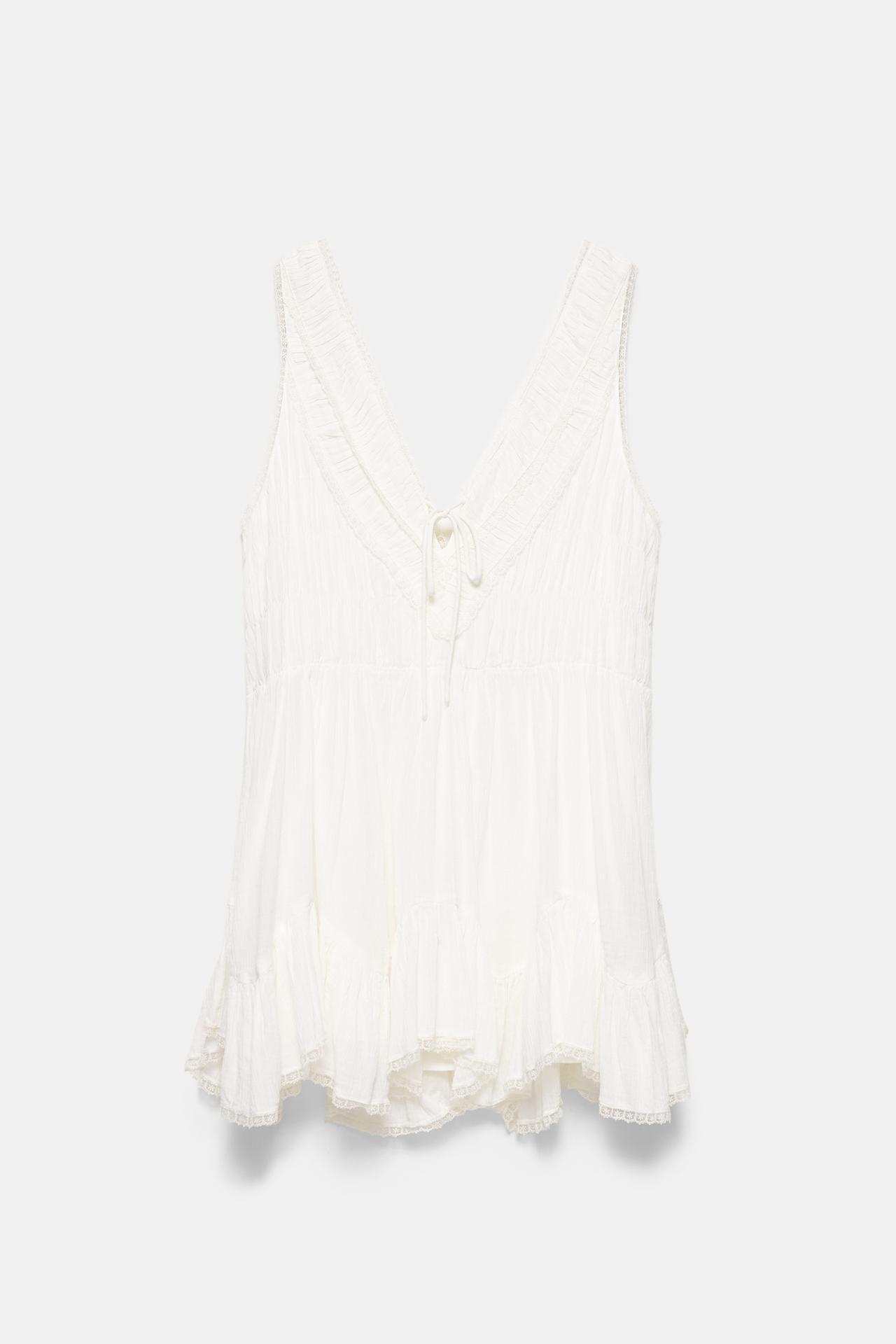 Short ruffled white dress — Ecru