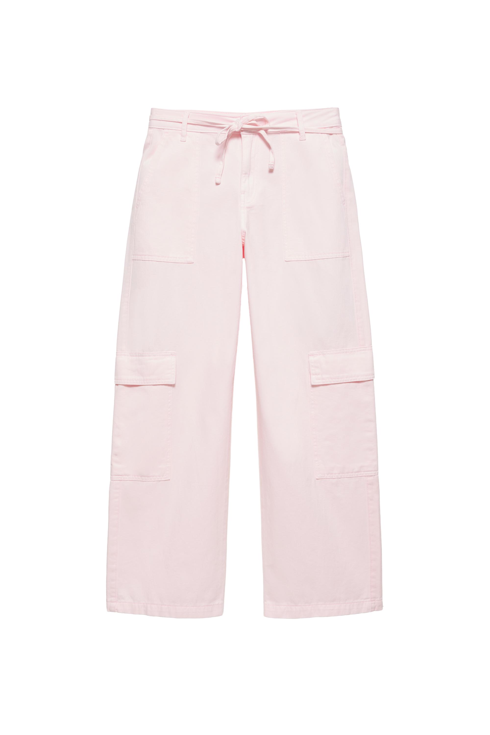 Pull&Bear Pembe düz kargo pantolon görsel 4