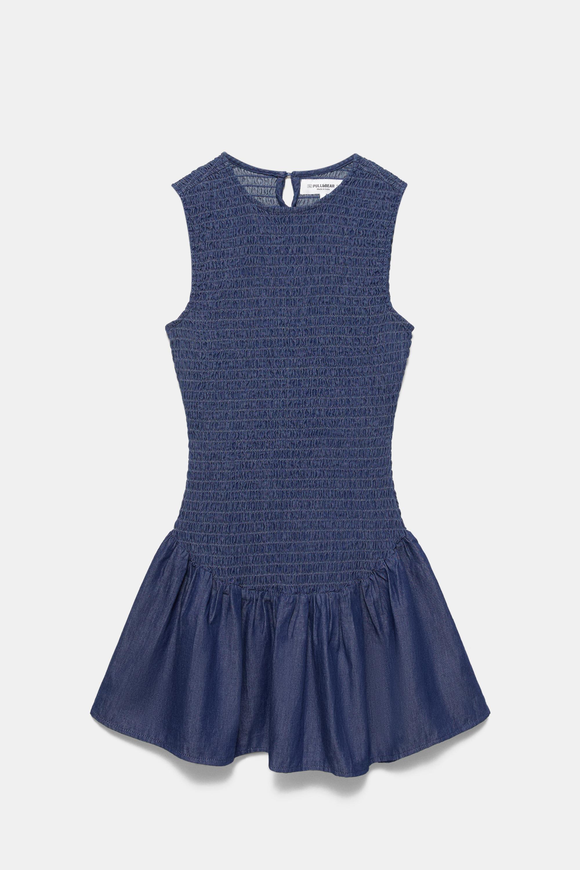 Short smocked denim dress — Dark blue