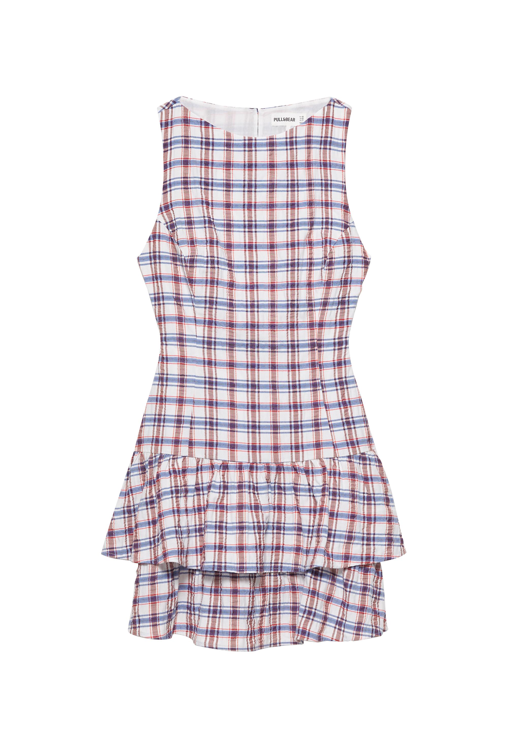 Check ruffle short dress — Blue