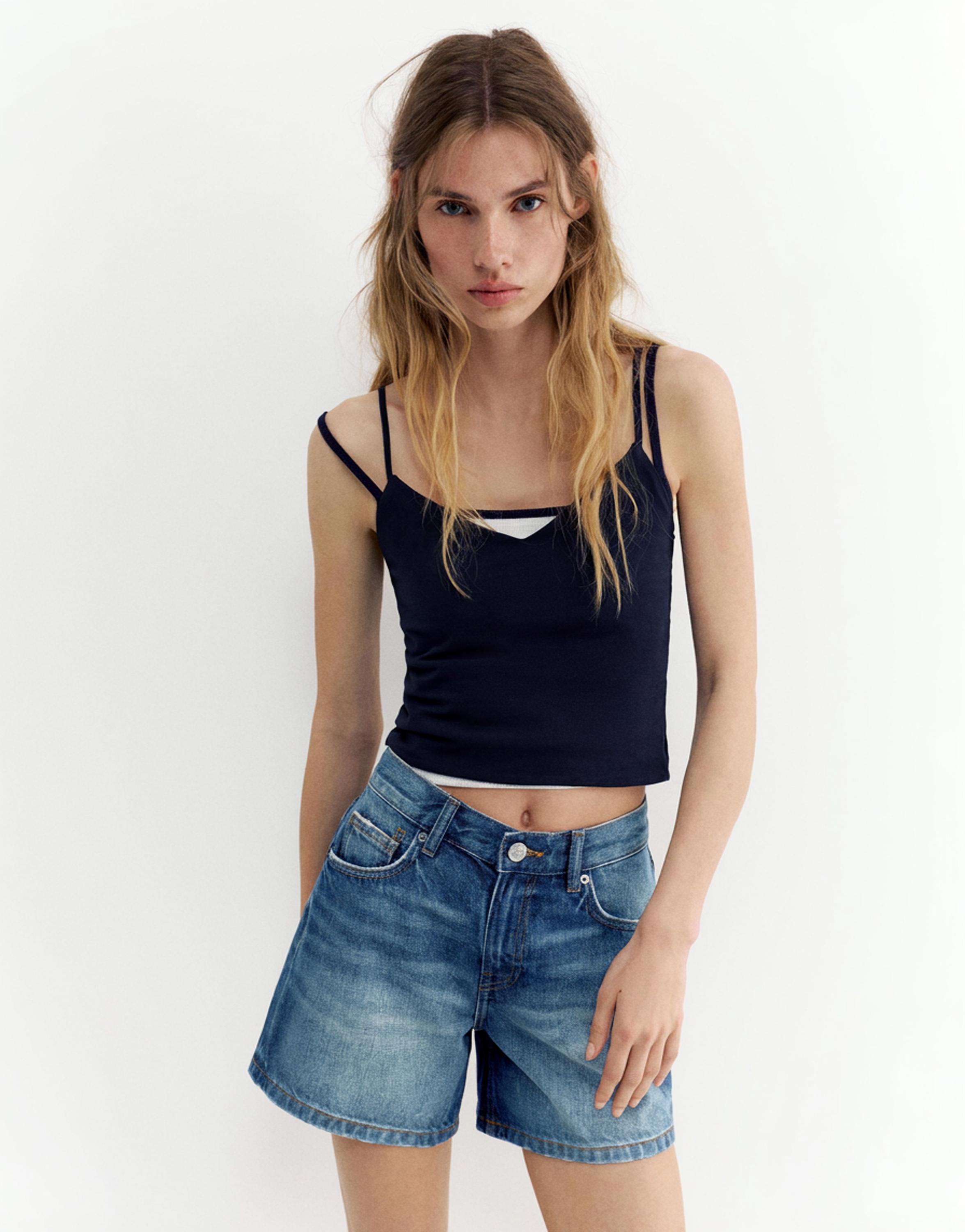 Mid-waist denim Bermuda shorts — Dark blue