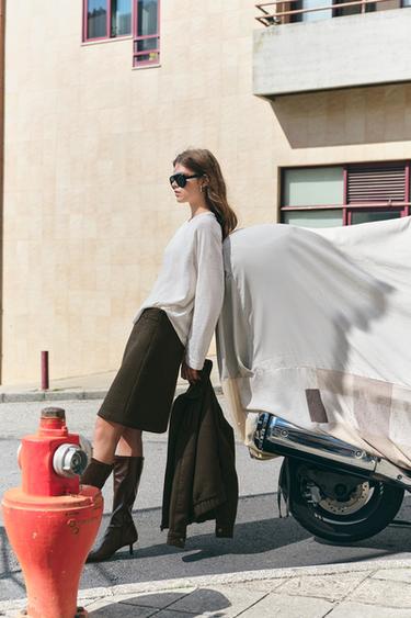 Checked midi skirt with belt — Brown 3