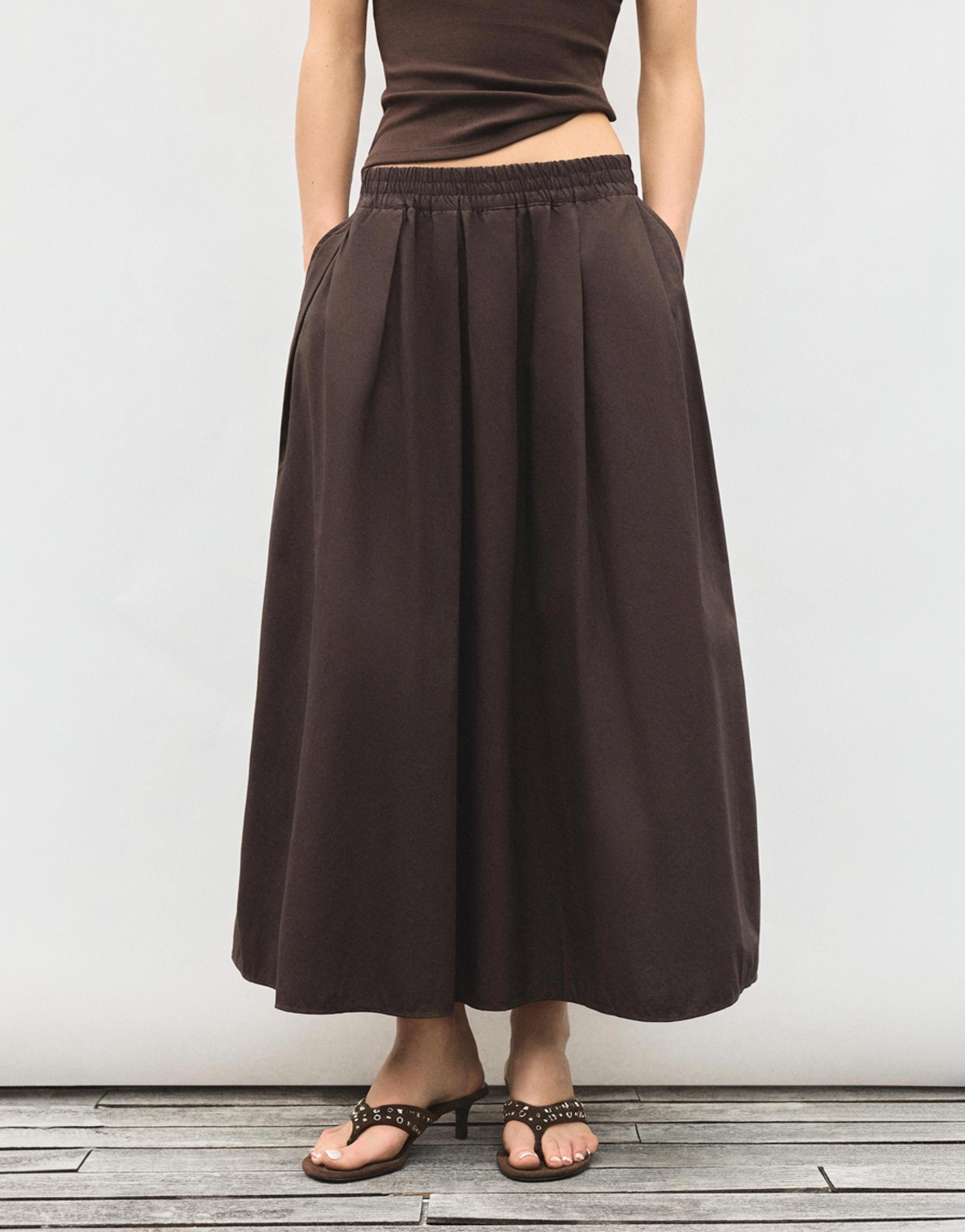 Long poplin skirt — Brown