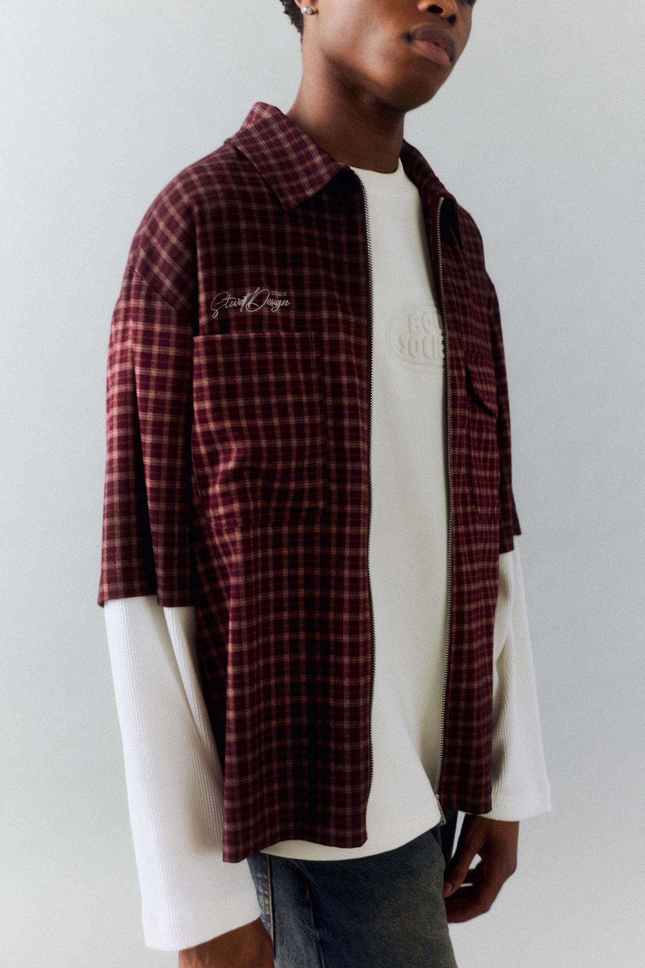 Double sleeve waffle-knit shirt — Burgundy