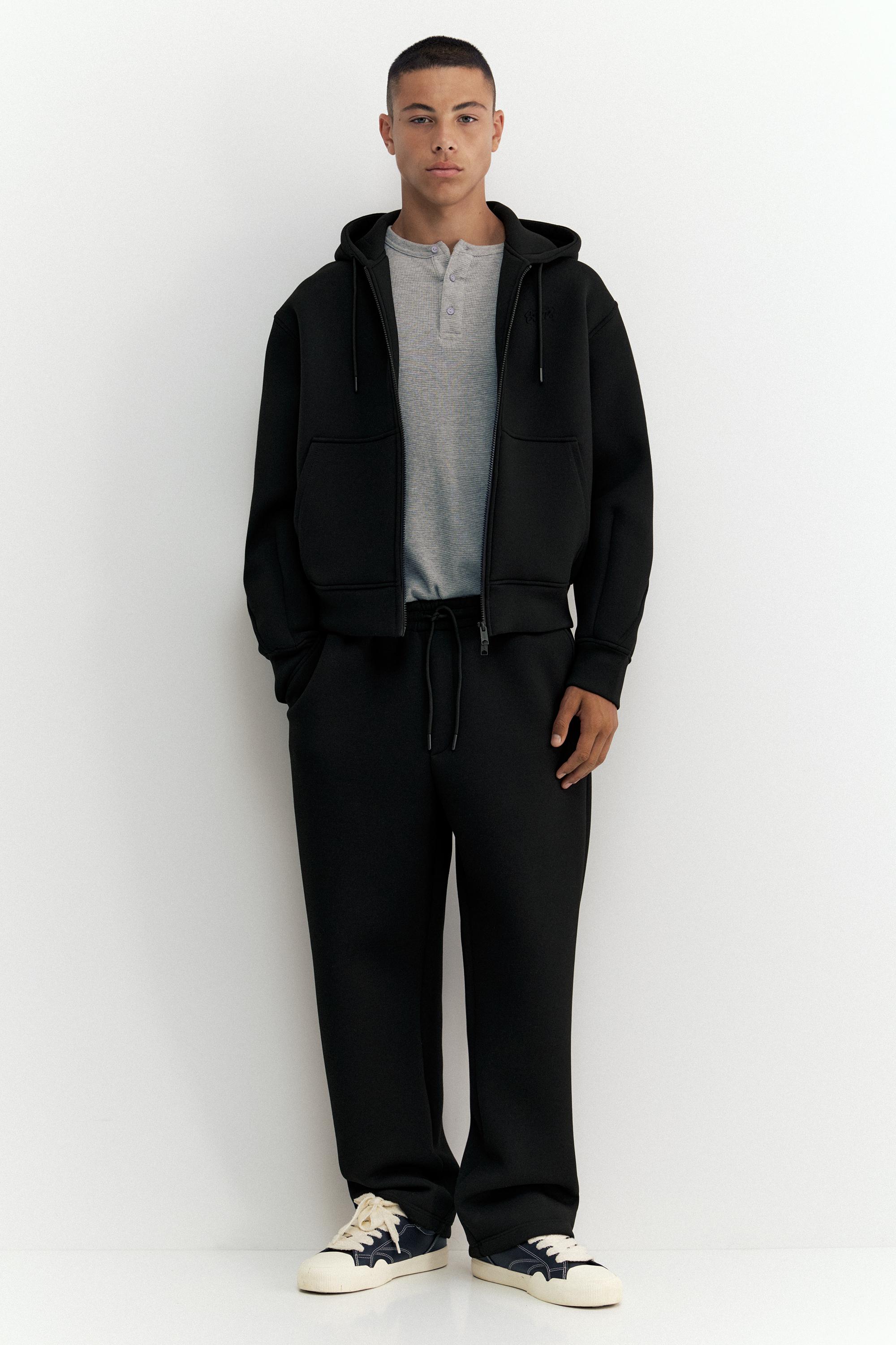 Neoprene-effect zip-up hoodie — Black