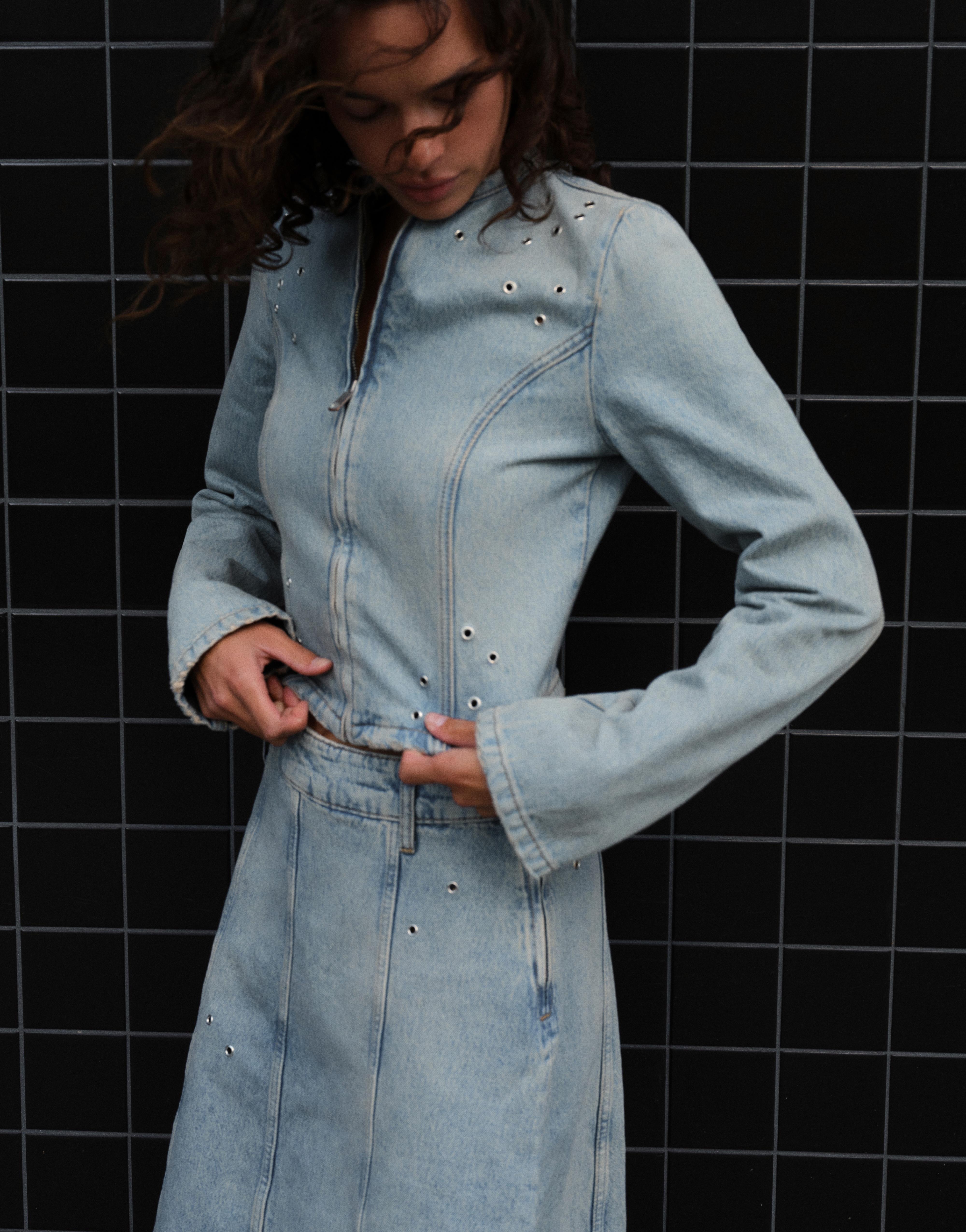 Pull&Bear Kuşgözü detaylı denim ceket görsel 6