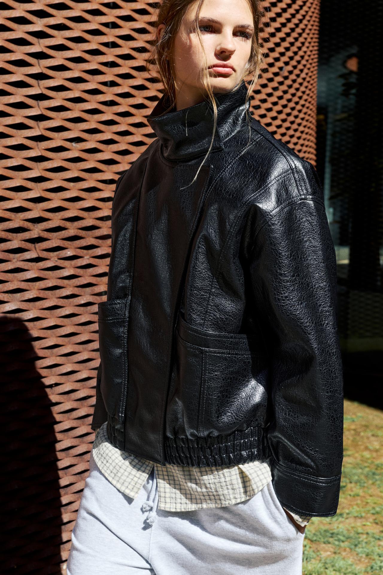 Leather effect high neck jacket — Black