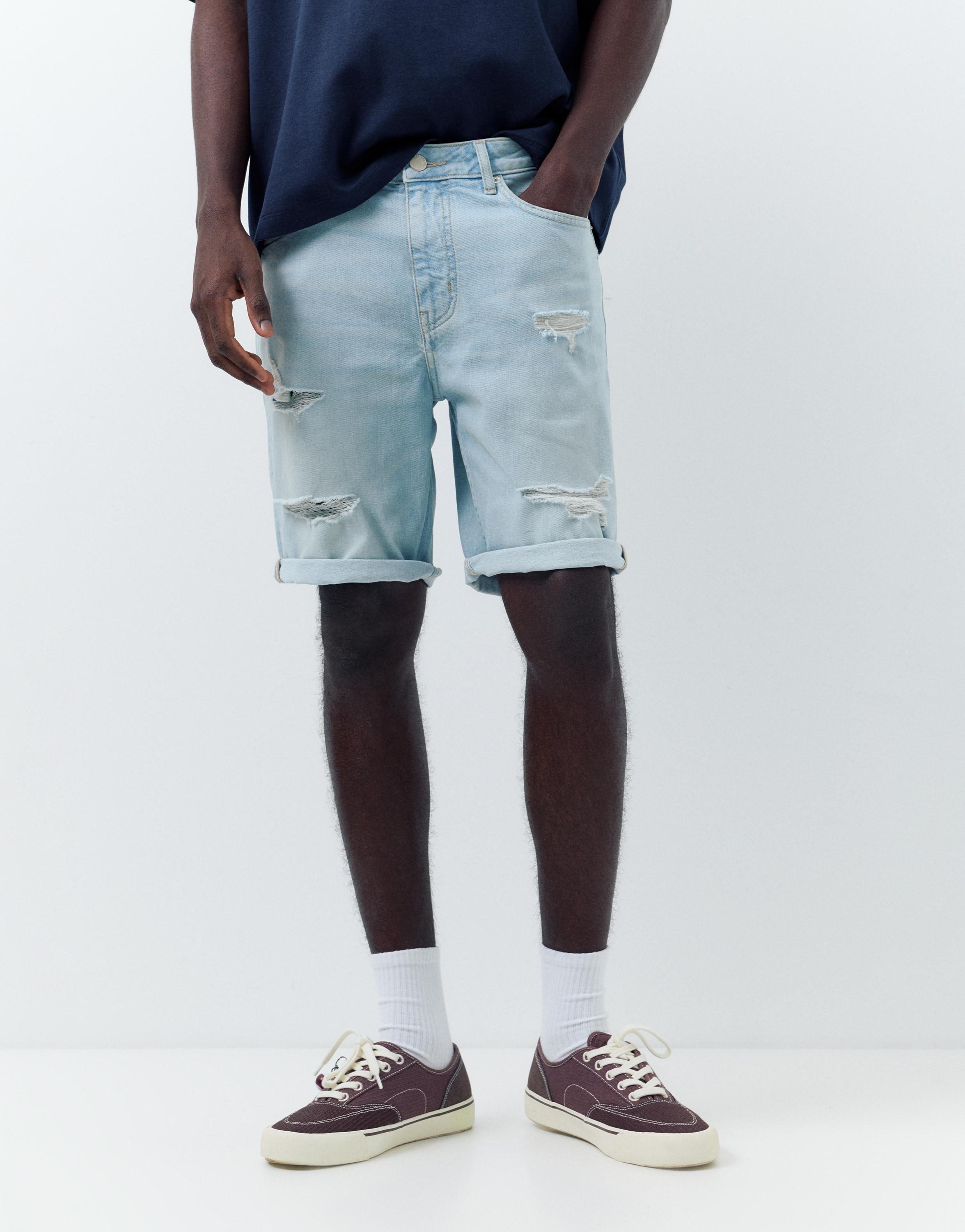Ripped denim Bermuda shorts — Pale indigo