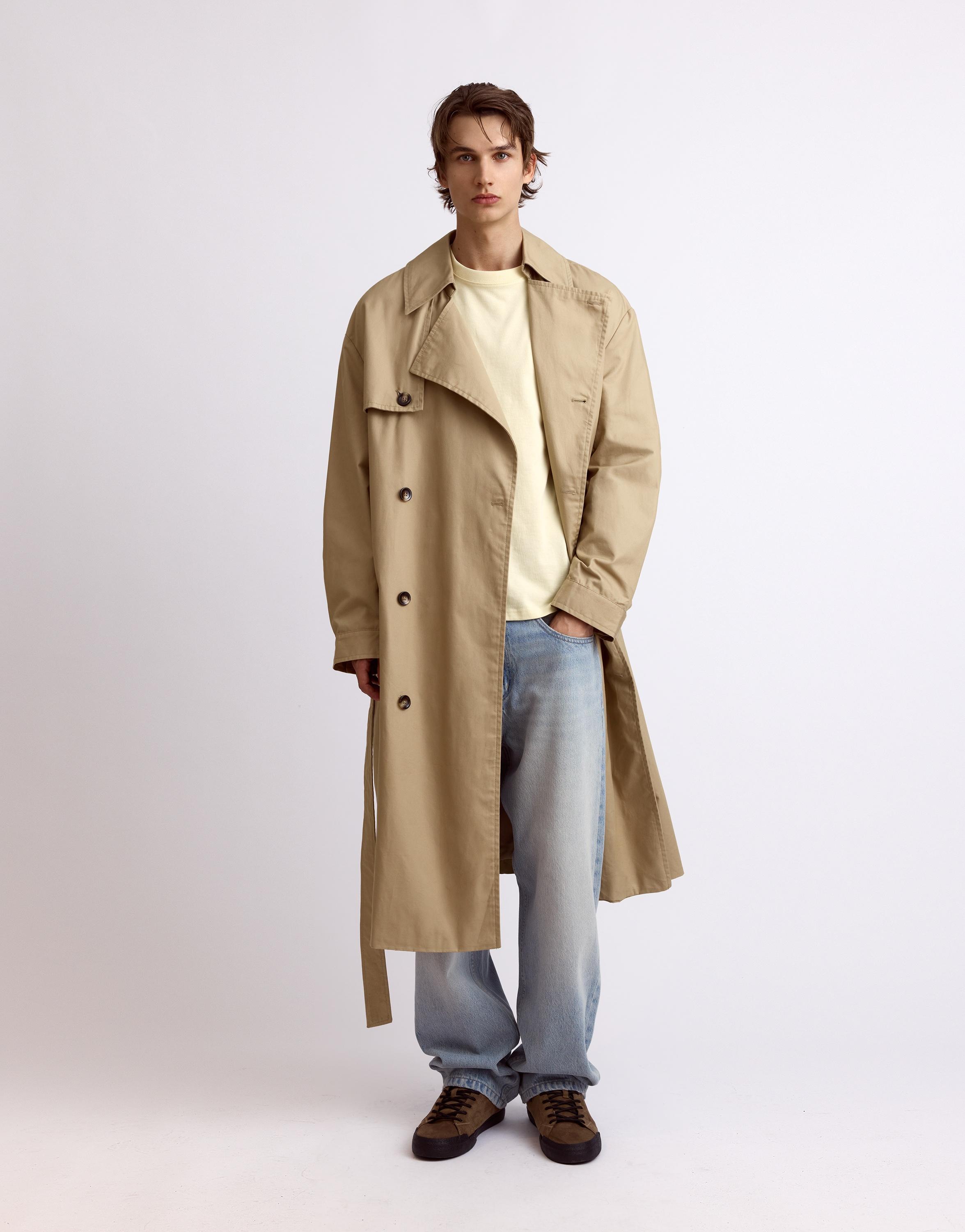 Pull&Bear Kuşaklı uzun trençkot görsel 3