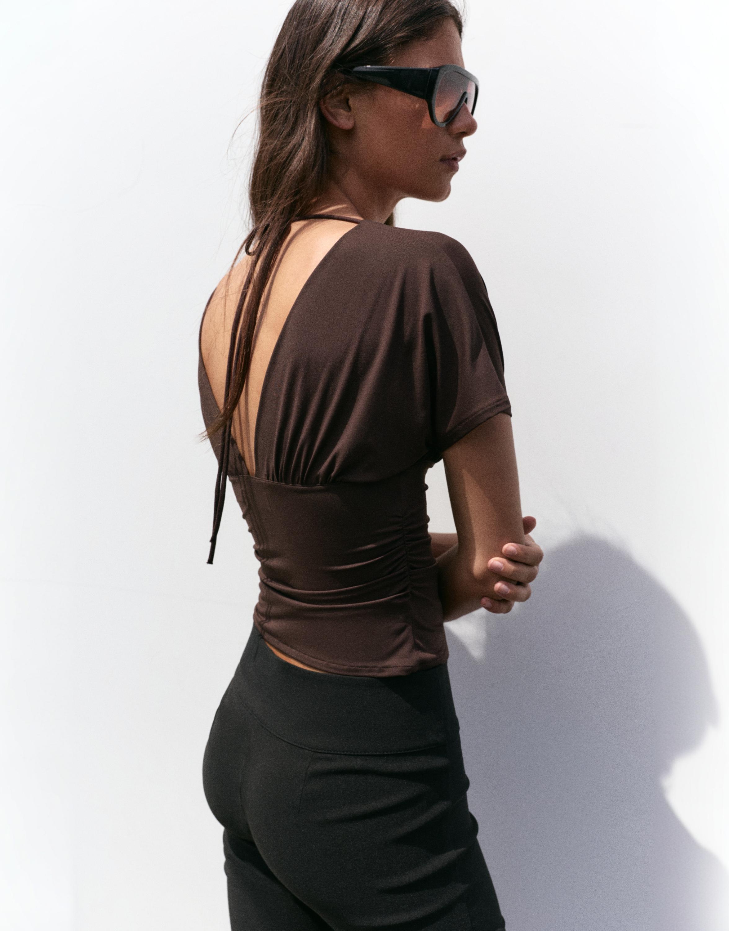 Gathered V-neck top — Brown