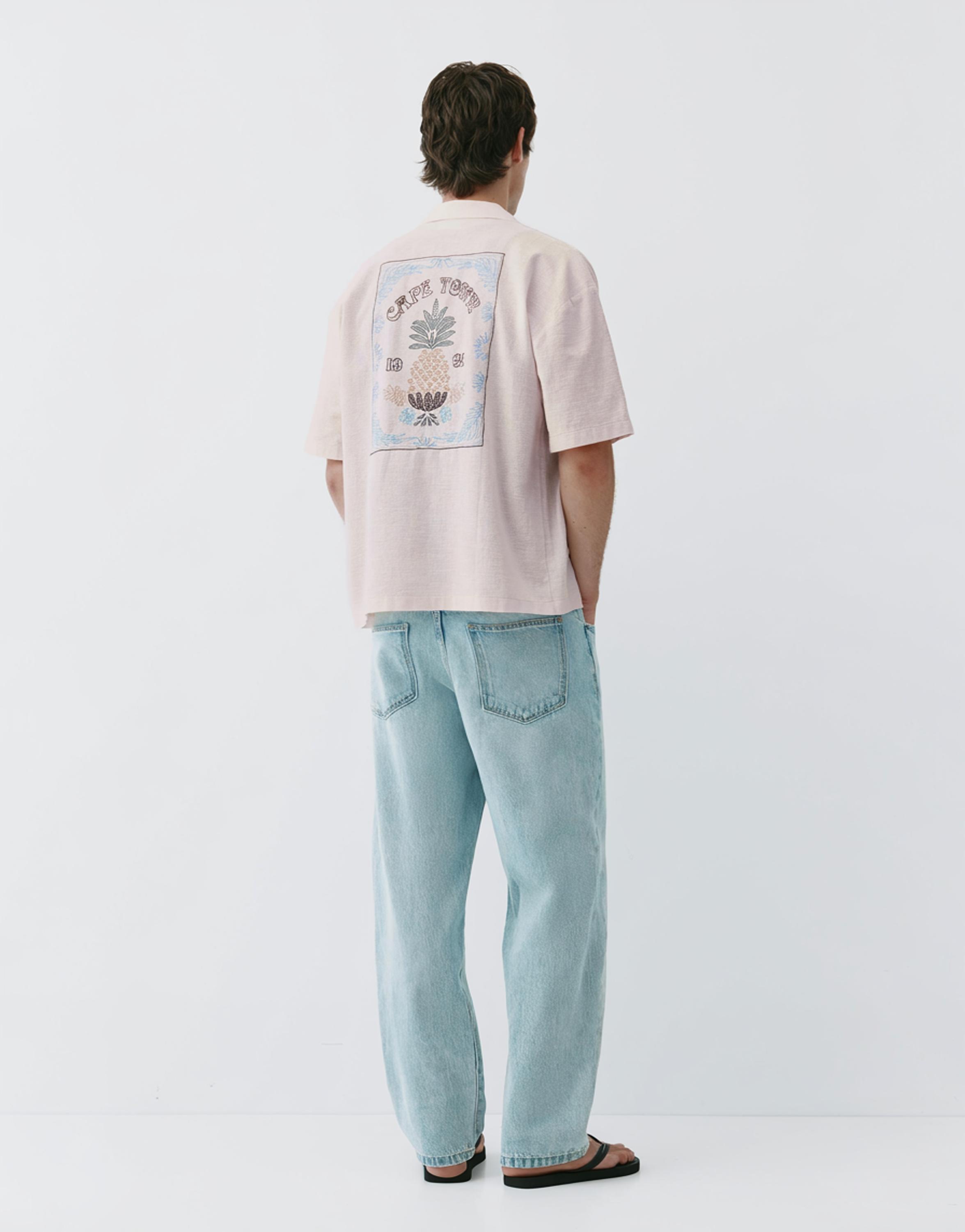 Pineapple embroidery short sleeve shirt — Rose pink