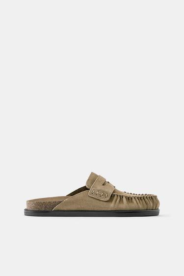 Gathered loafer leather clogs — Taupe 1