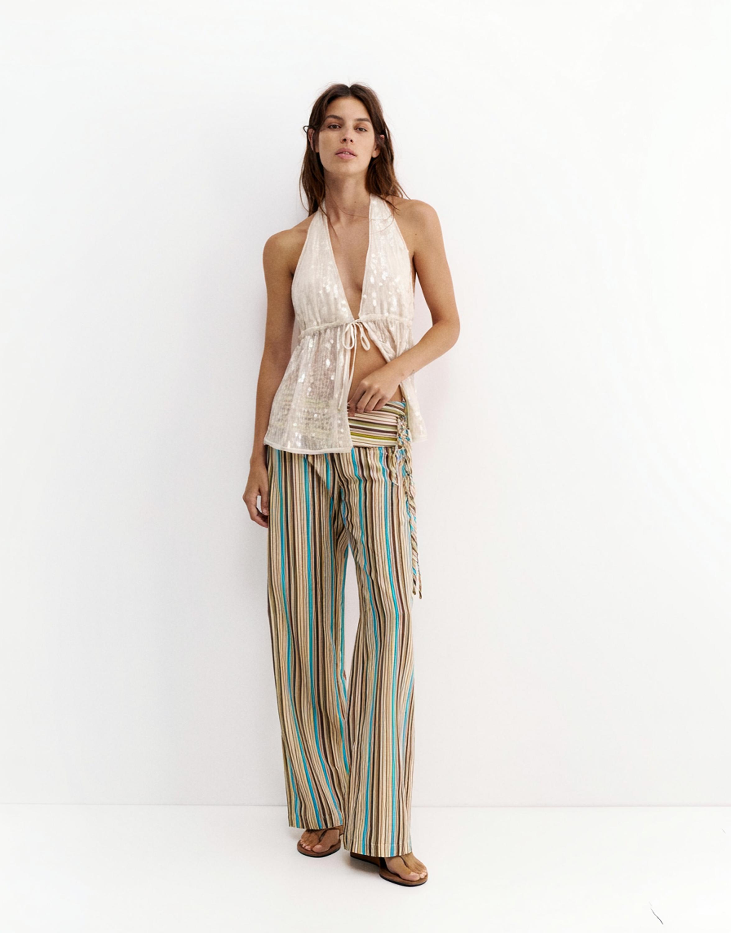 Striped tie-waist trousers — Green