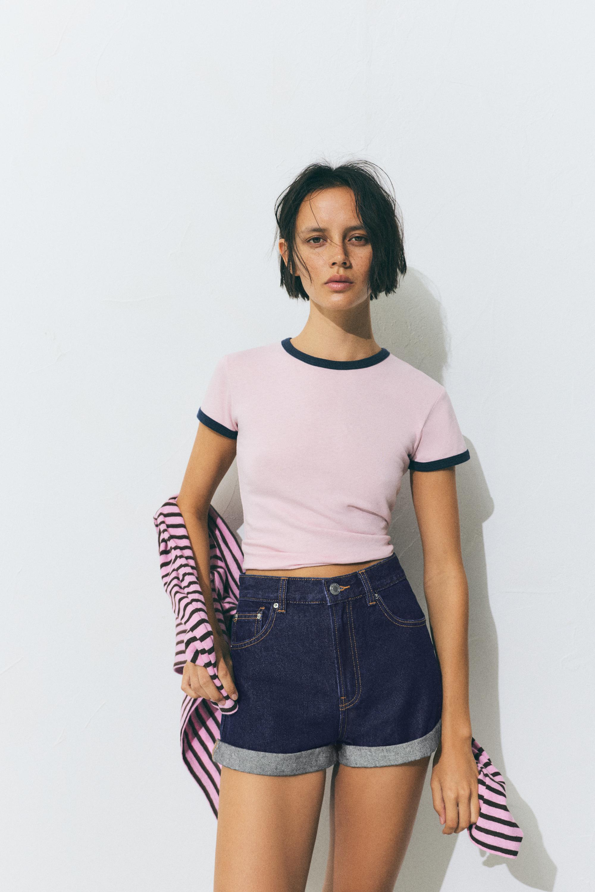 Denim mom fit shorts with turn-up hems — Navy
