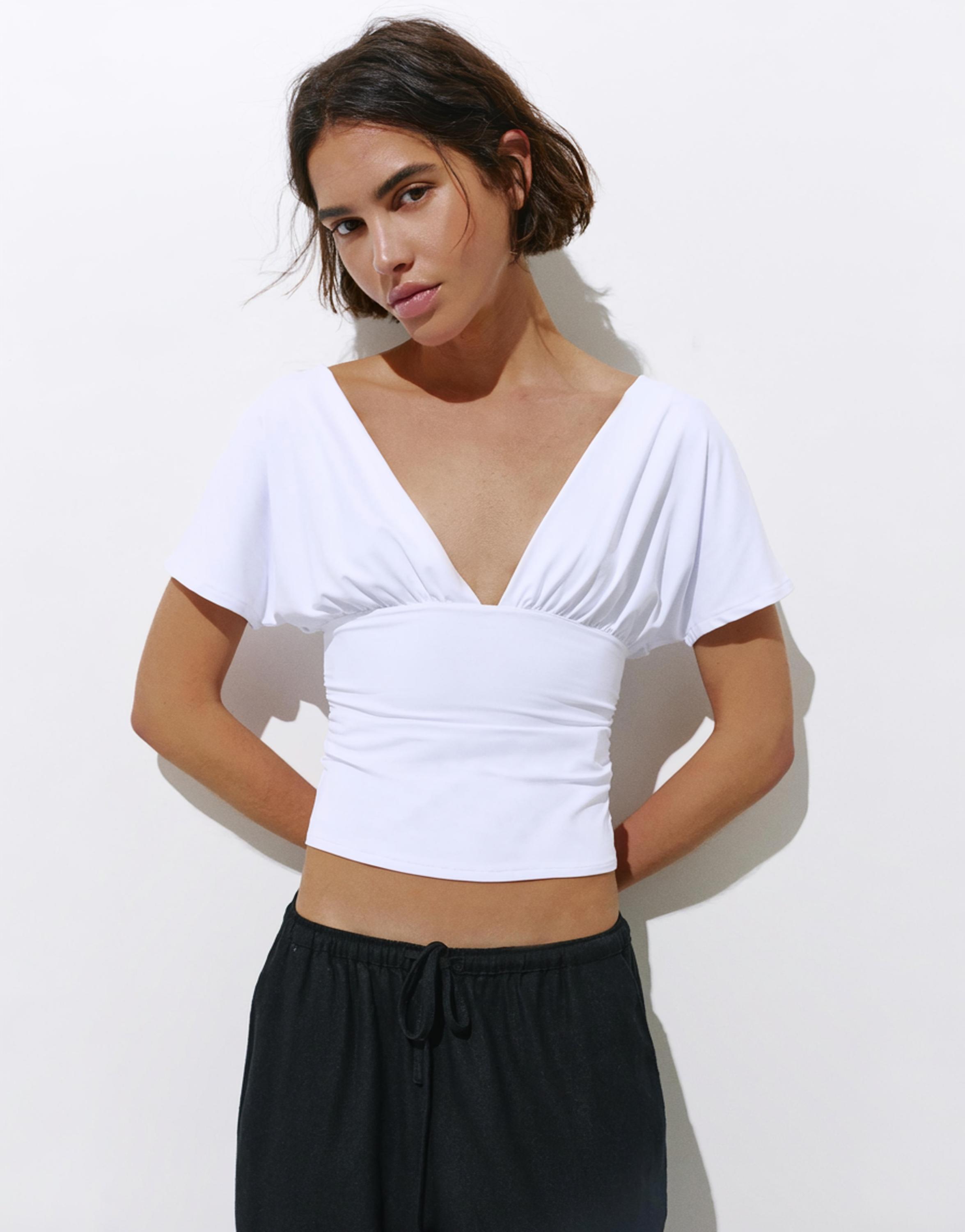 Gathered V-neck top — White