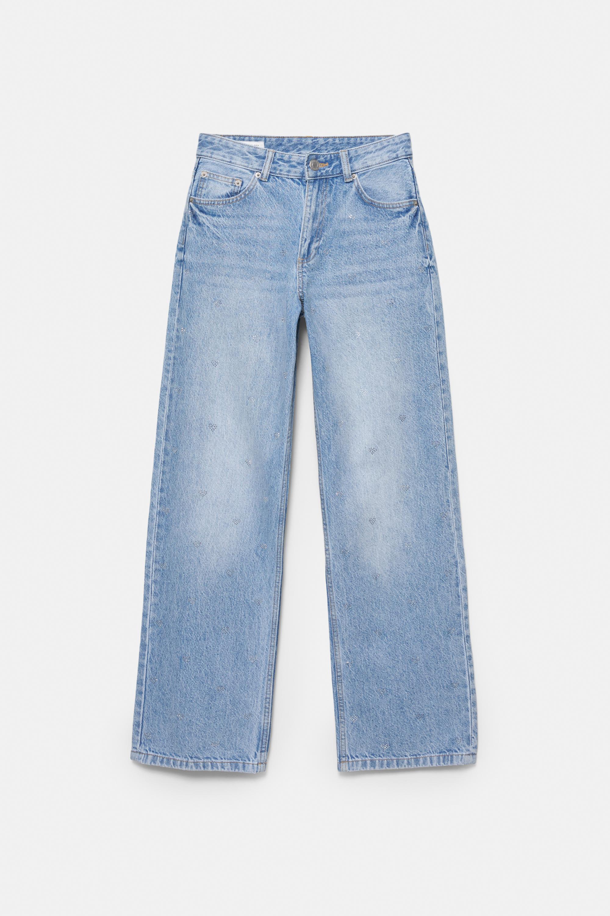 Straight-leg mid-waist jeans with rhinestone hearts — Pale blue