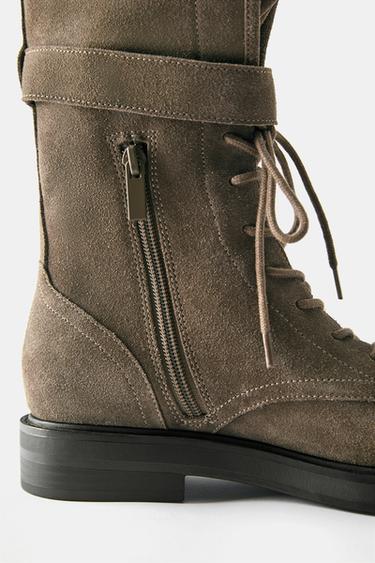 Lace-up flat leather boots — Taupe 5
