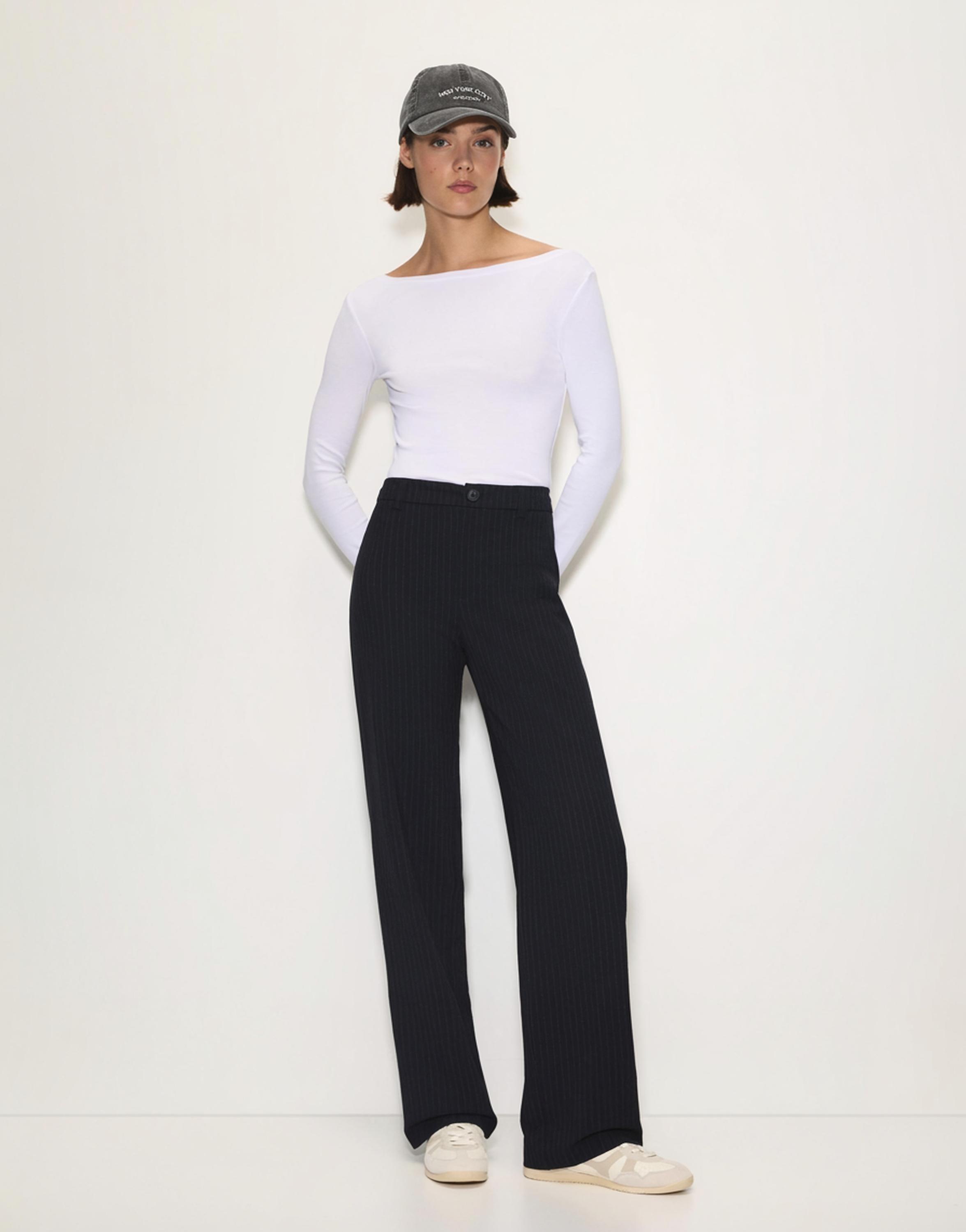 Smart high-waist straight-leg trousers — Striped