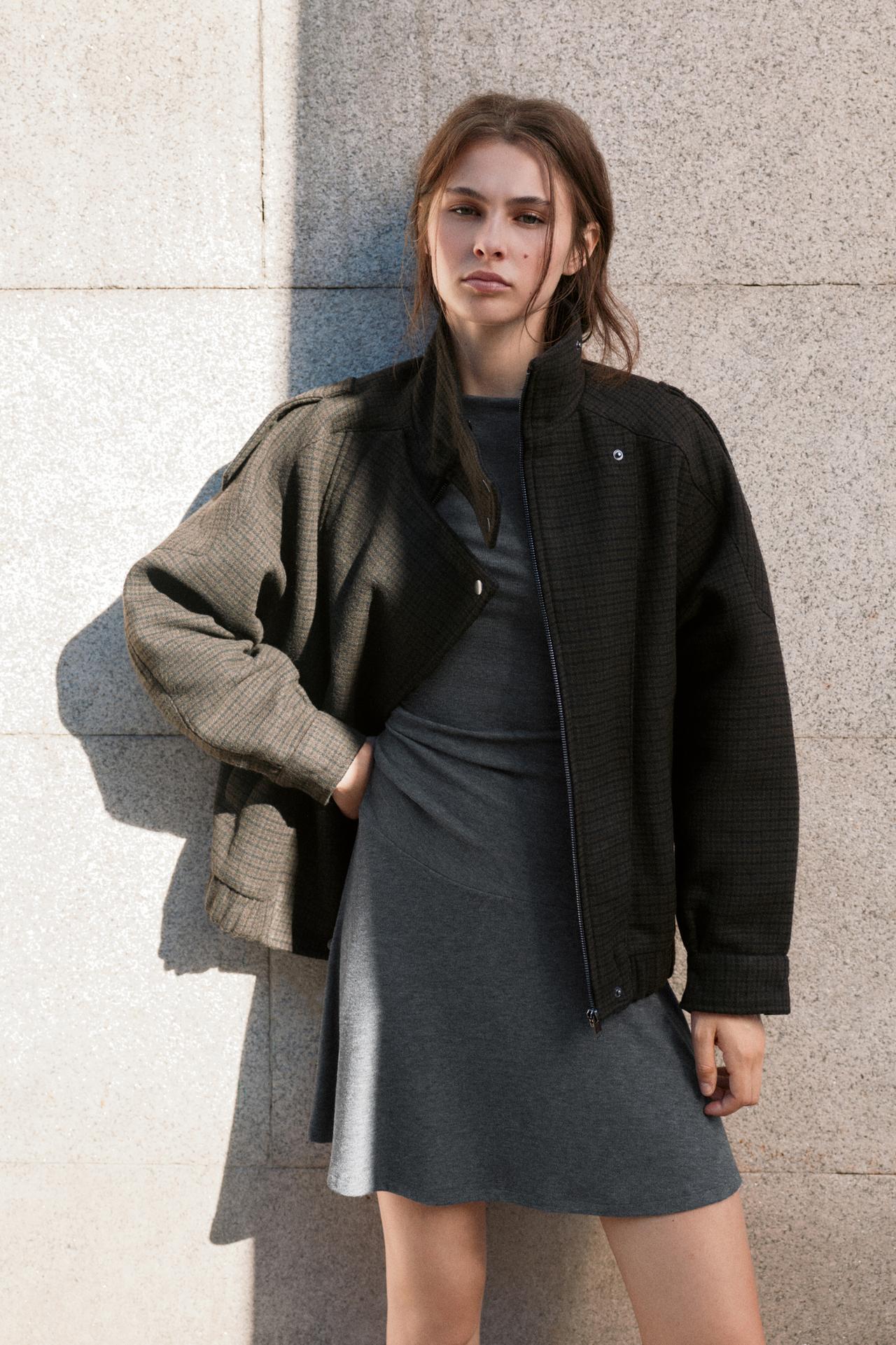Short ruched soft-touch dress — Grey marl