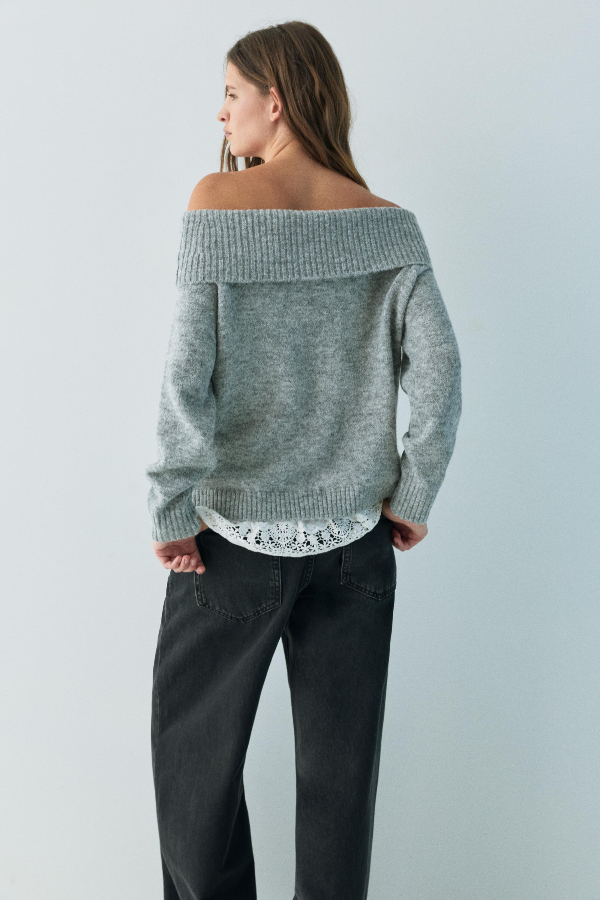 Bardot jumper with combined lace — Grey marl
