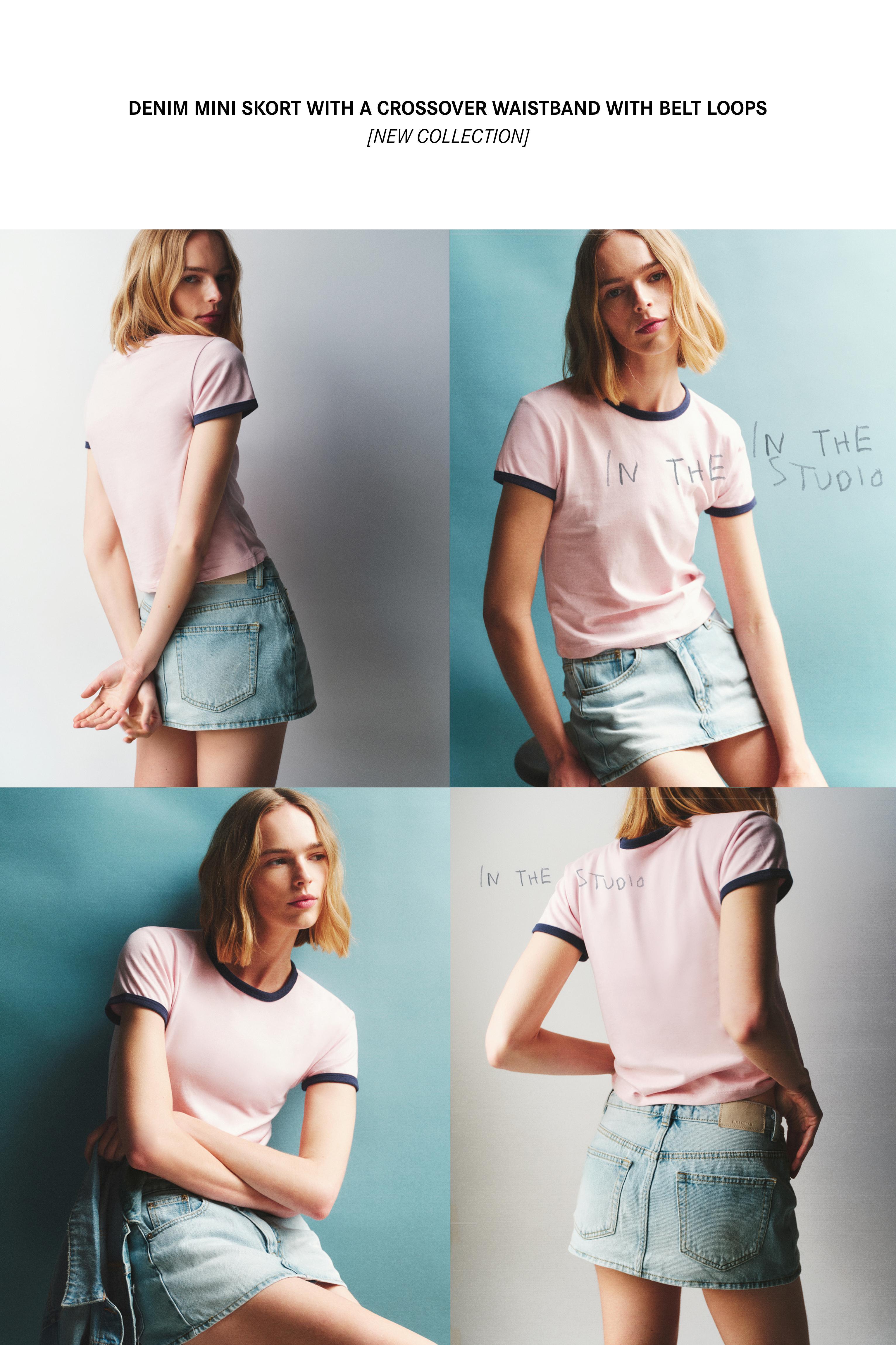 Cross-waist denim skort — Pale blue