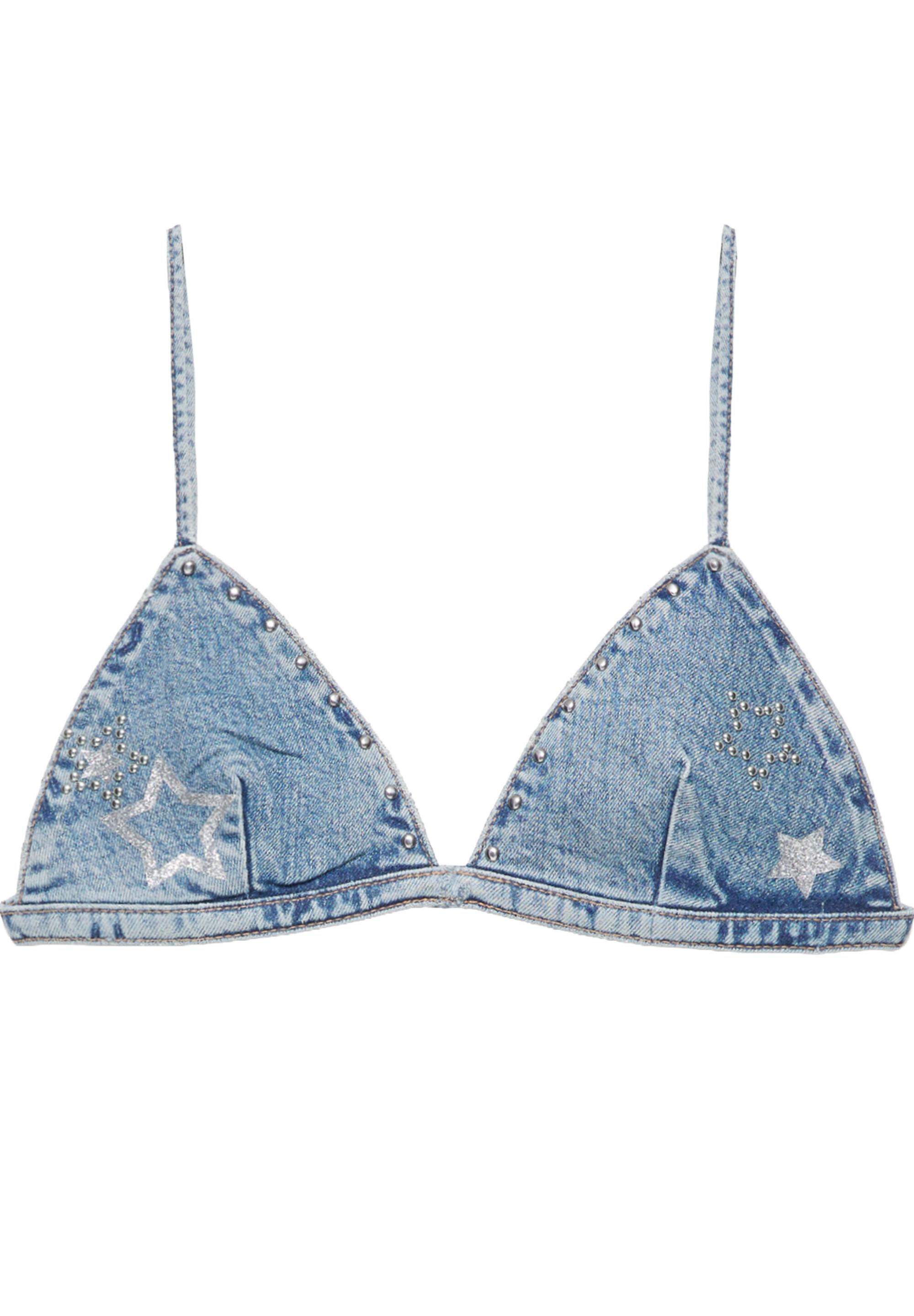 Studded star denim triangle top — Medium blue