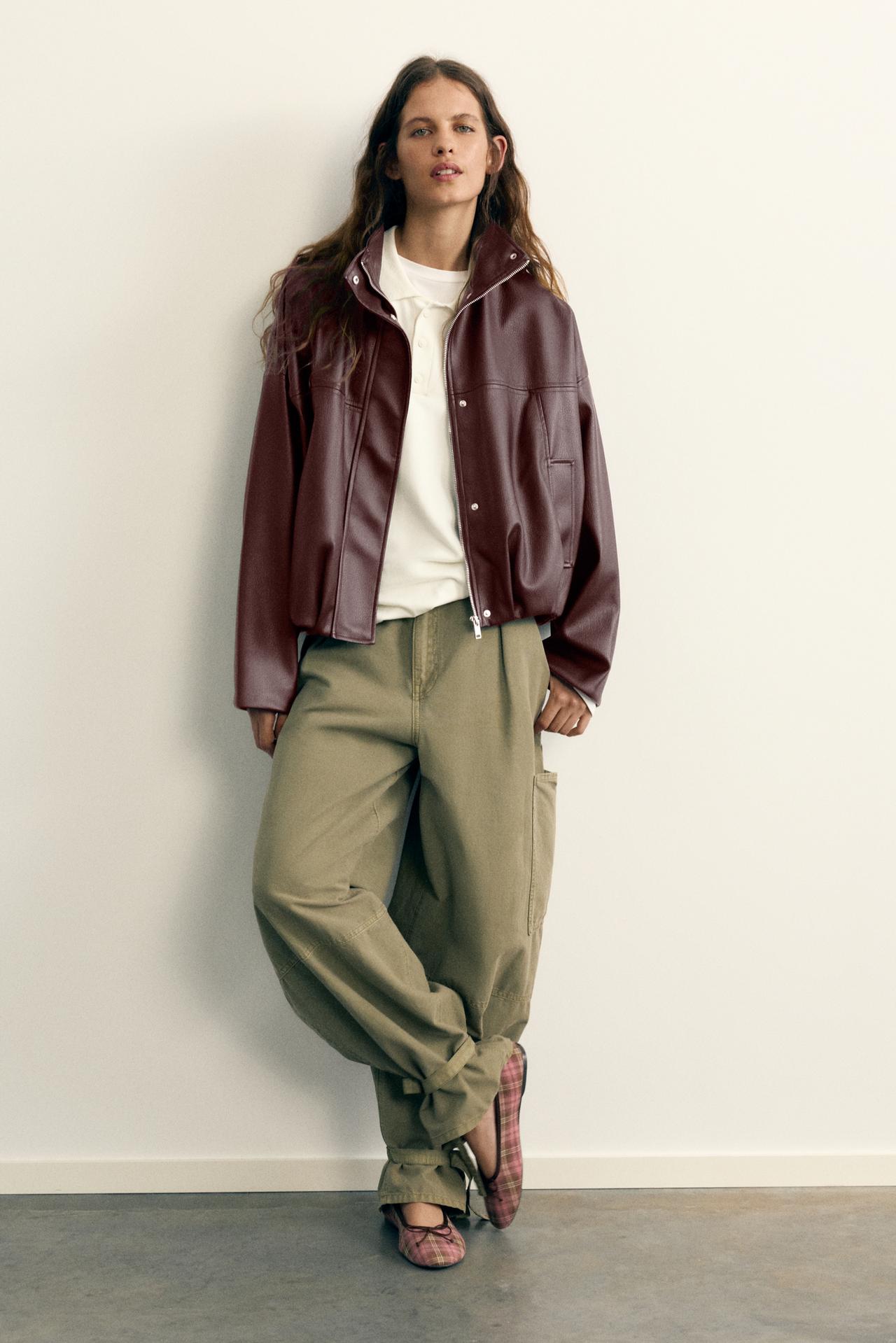 Leather-effect balloon bomber jacket — Chocolate