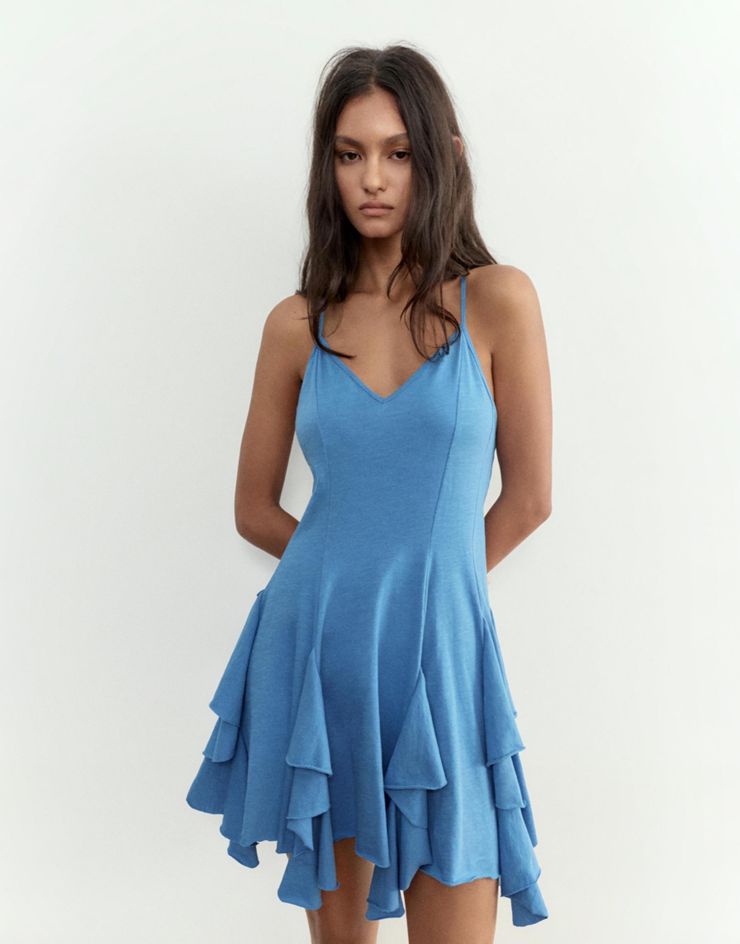 Short strappy flared dress — Blue