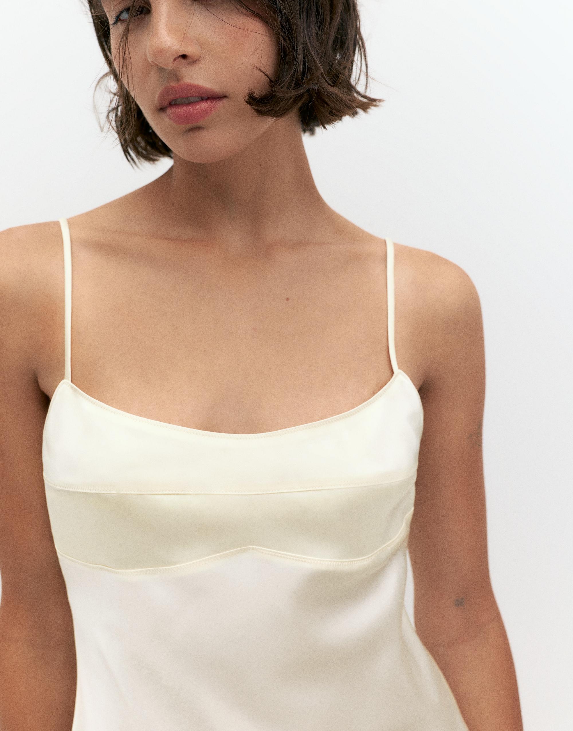 Short satin strappy dress — Ecru