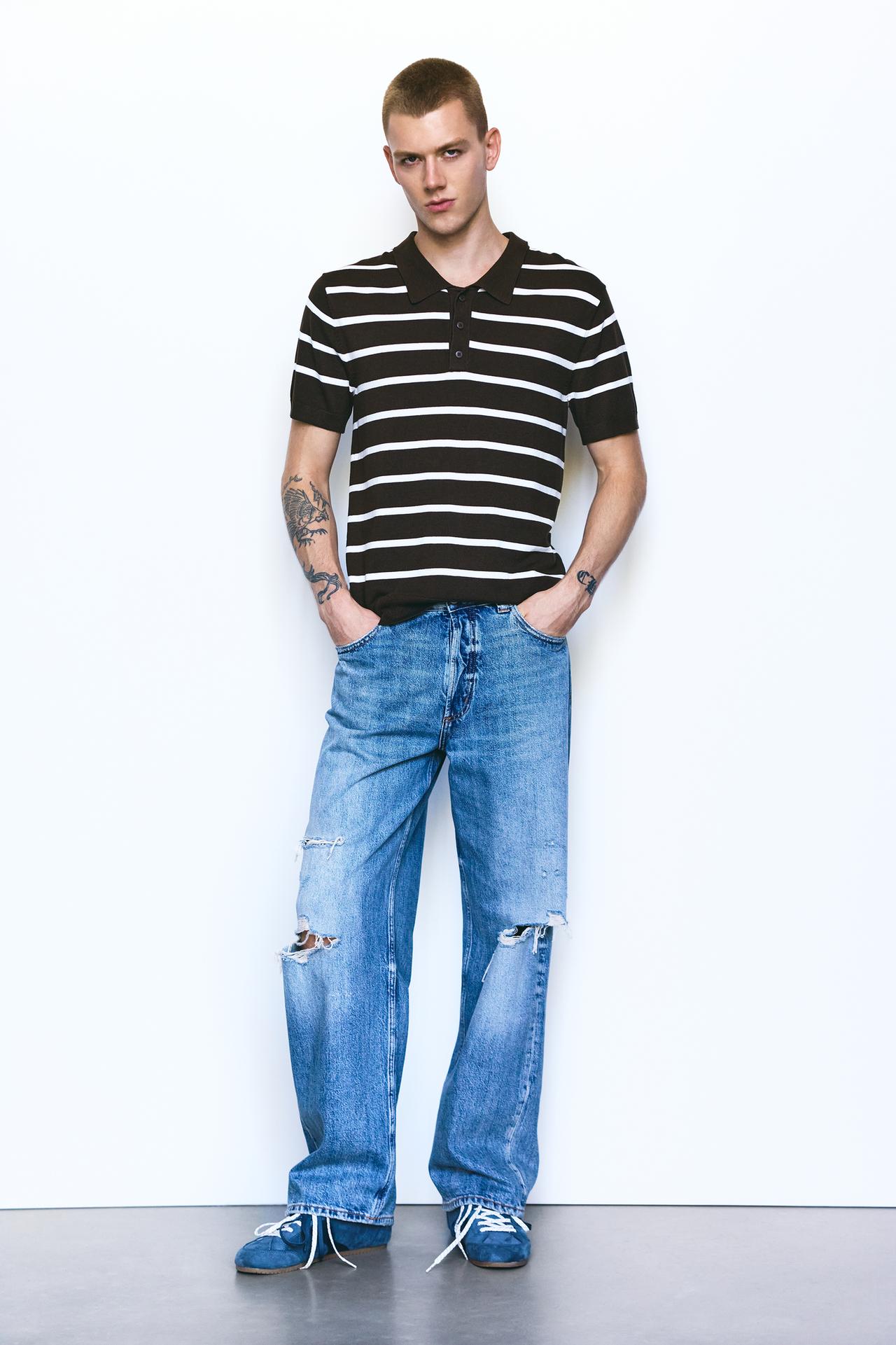 Striped knit polo shirt — Chocolate