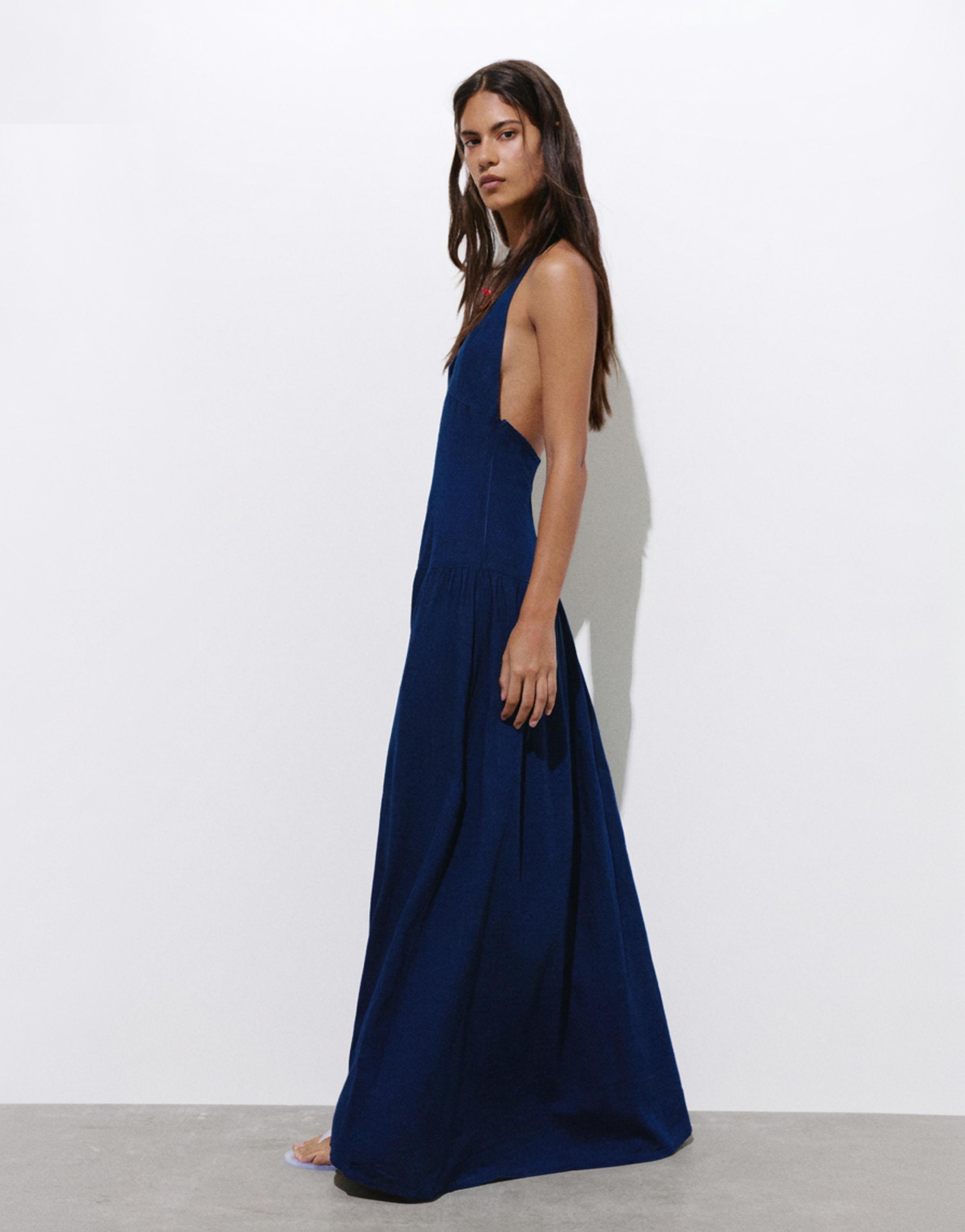 Long halter denim dress — Dark blue