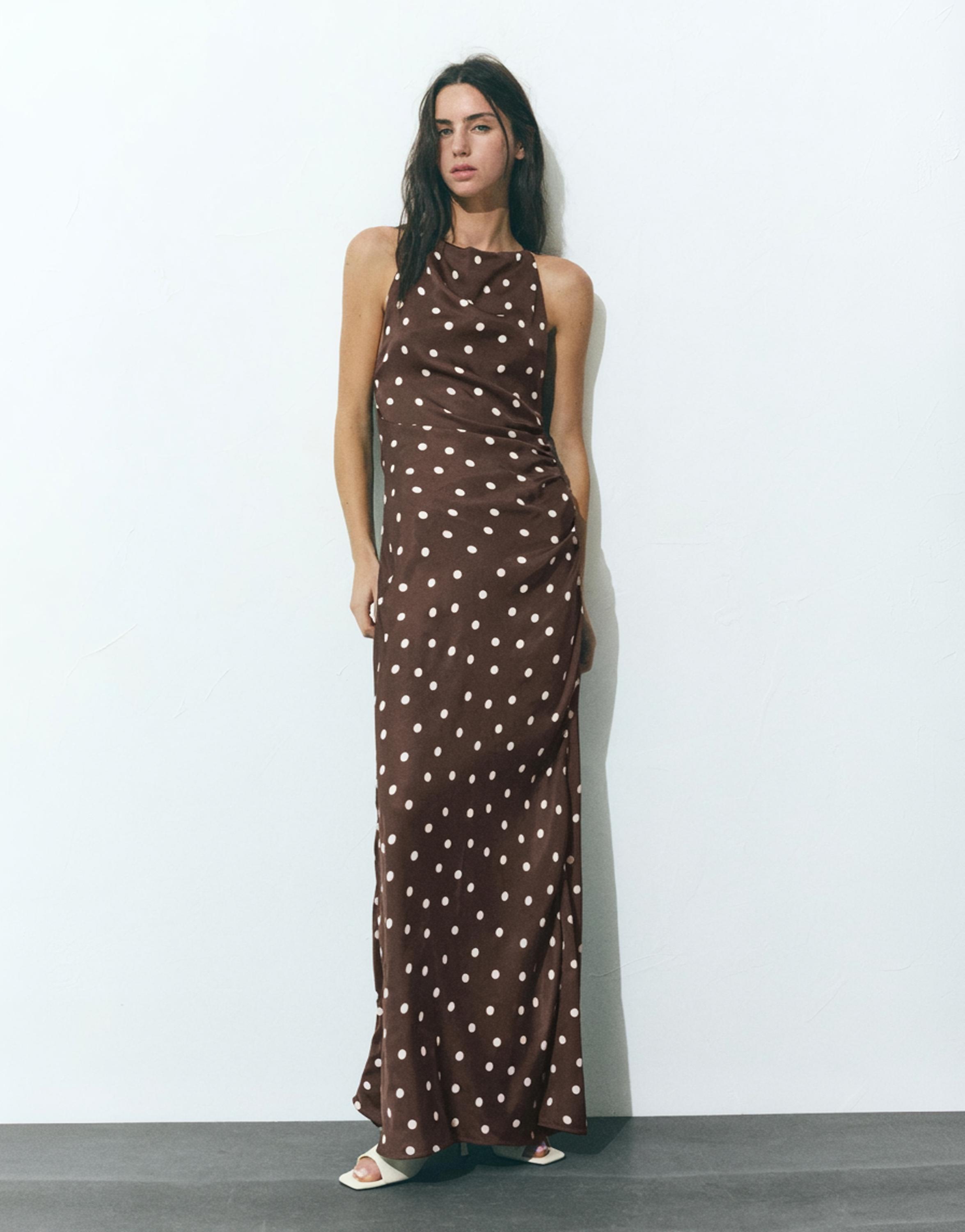 Draped polka dot satin dress — Brown