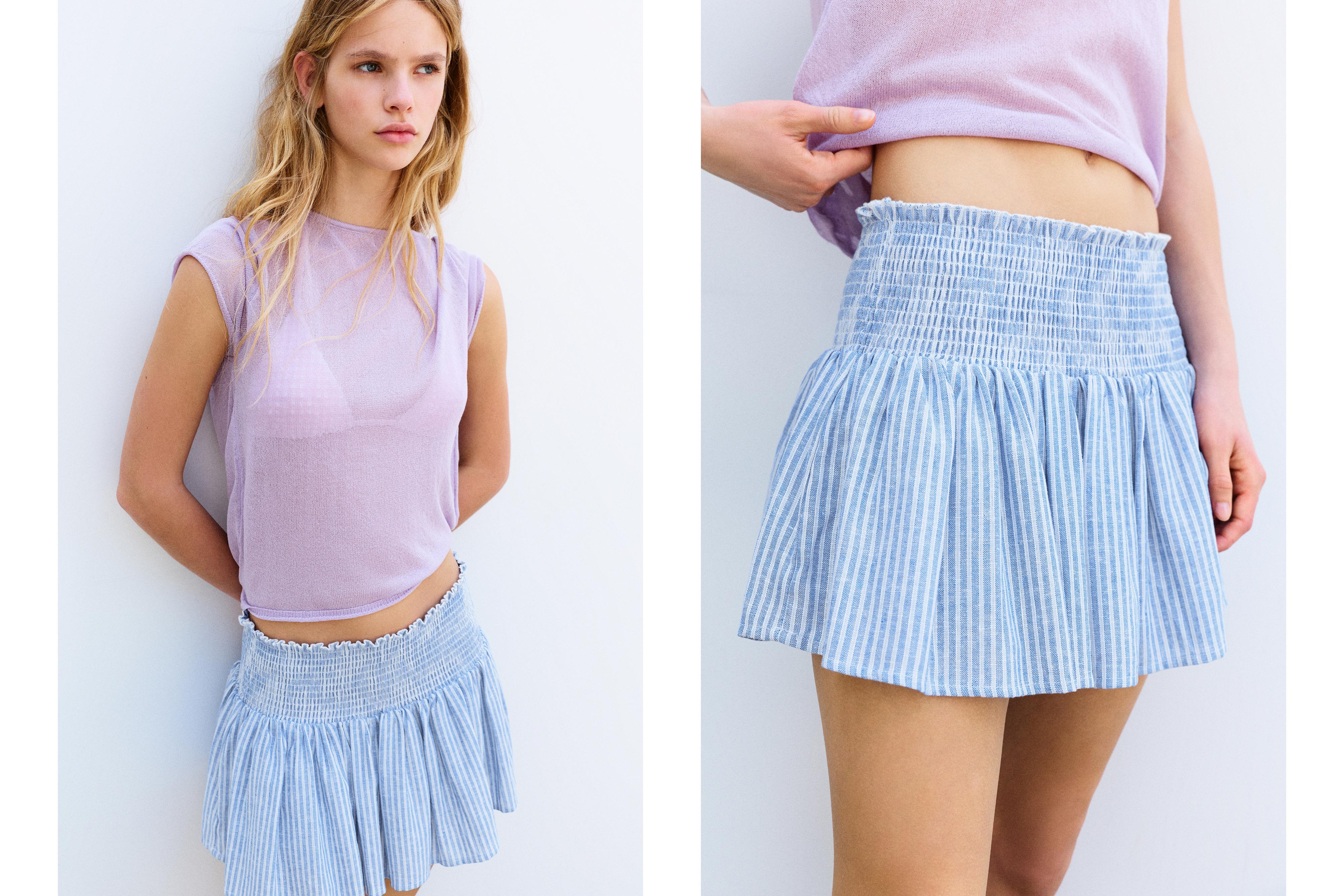 Striped linen blend mini skirt — Blue