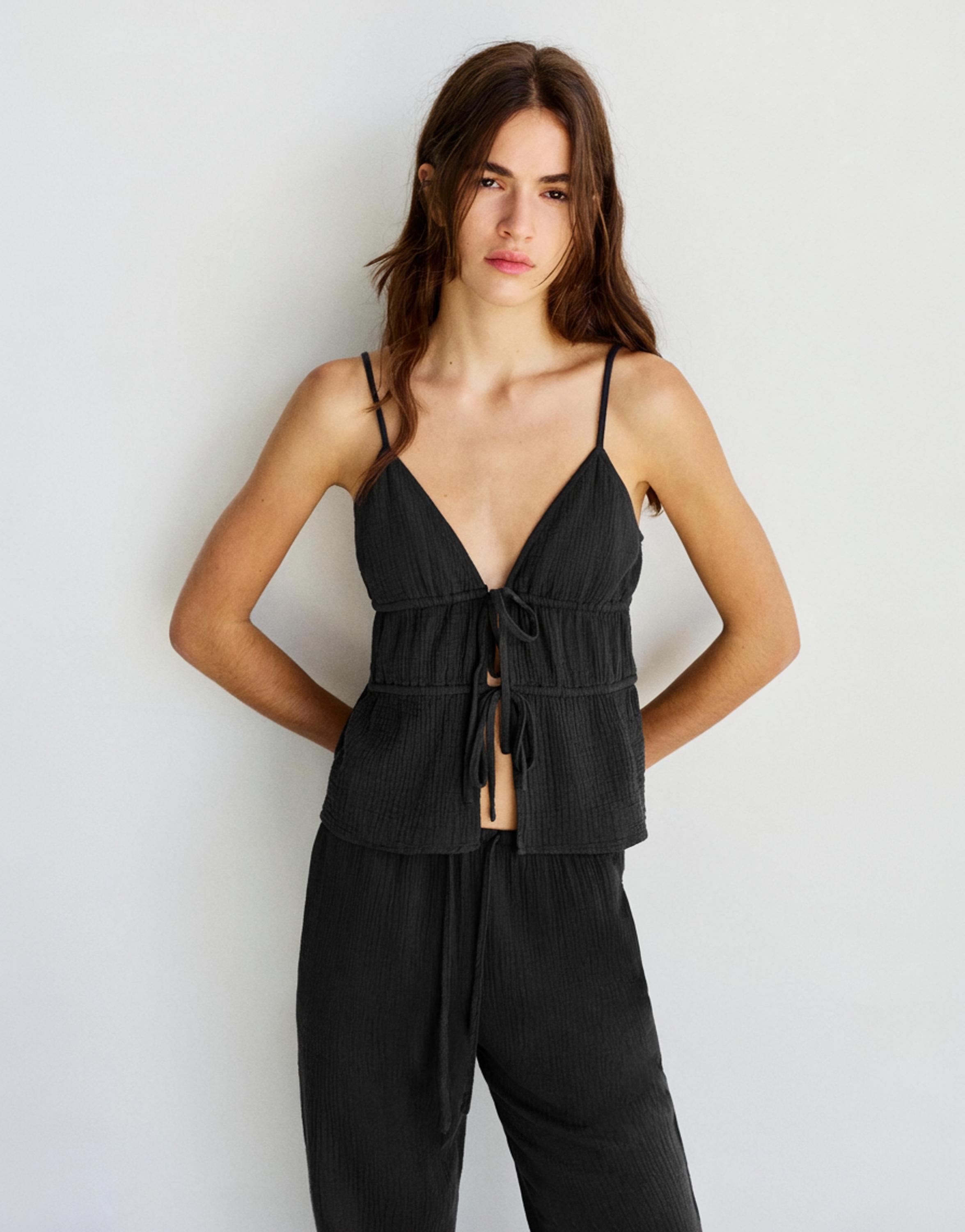 Crepe strappy top — Faded black