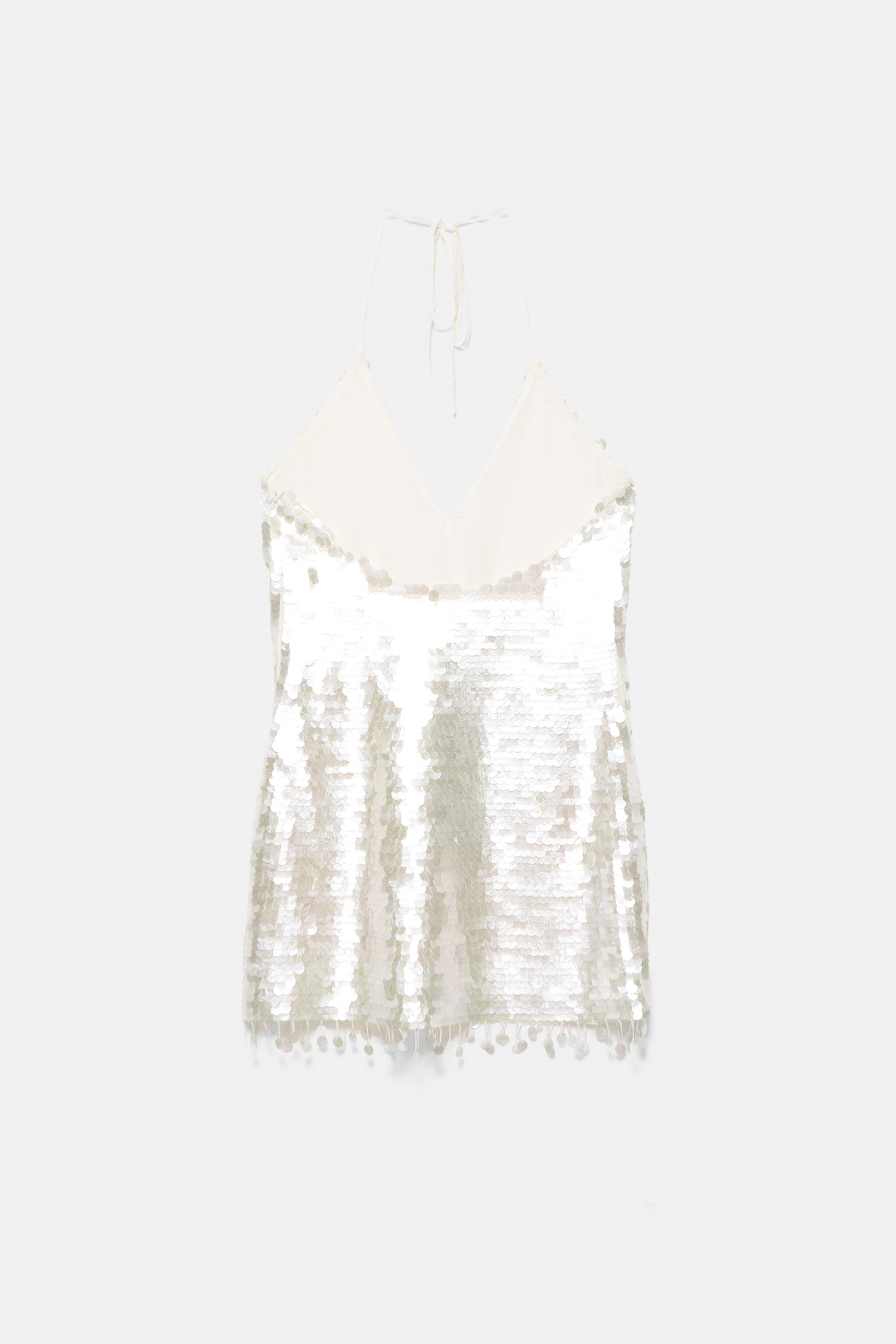 Short sequin halter dress — Ecru