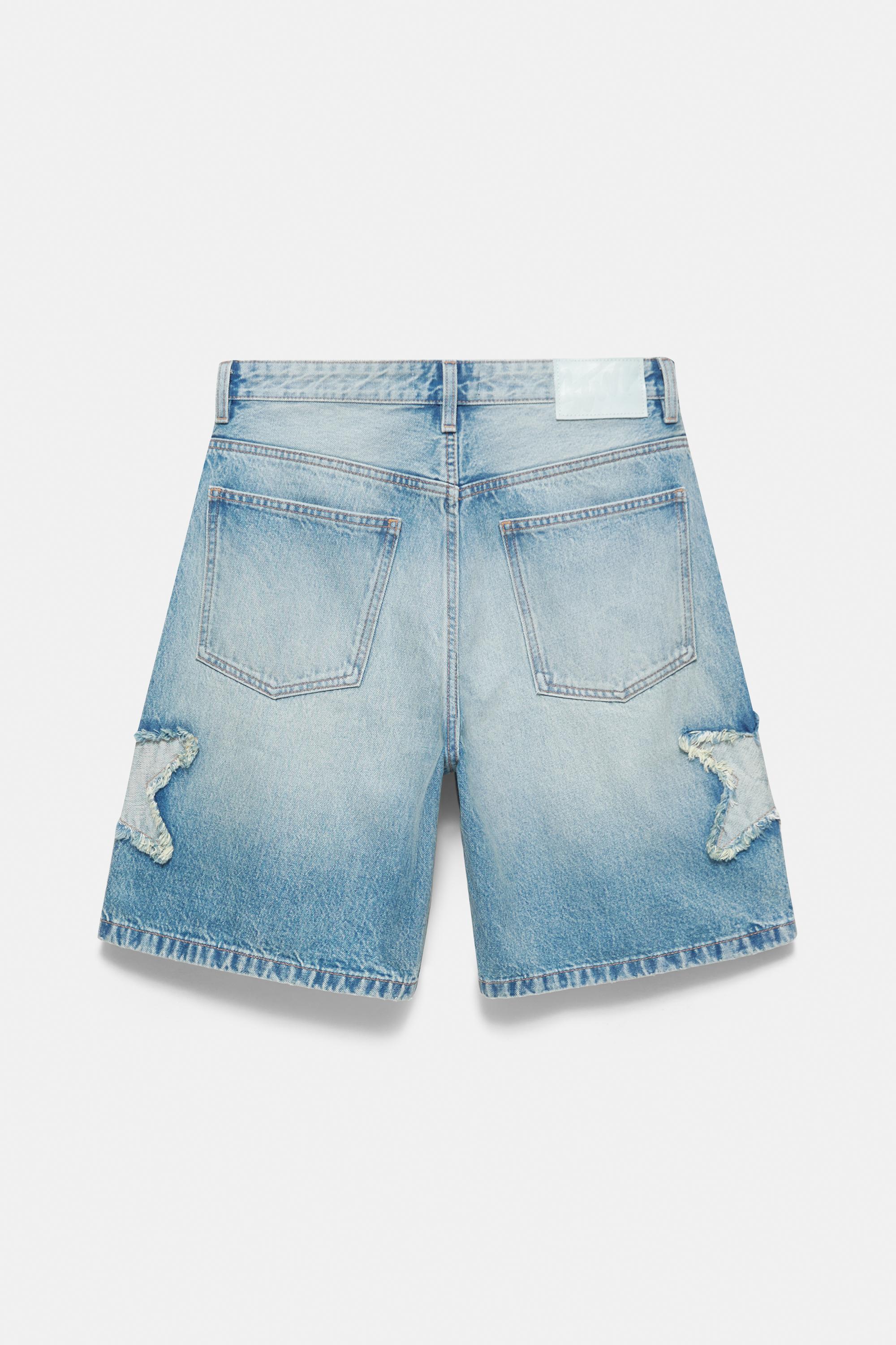 Relaxed fit denim Bermuda shorts with stars — Medium blue