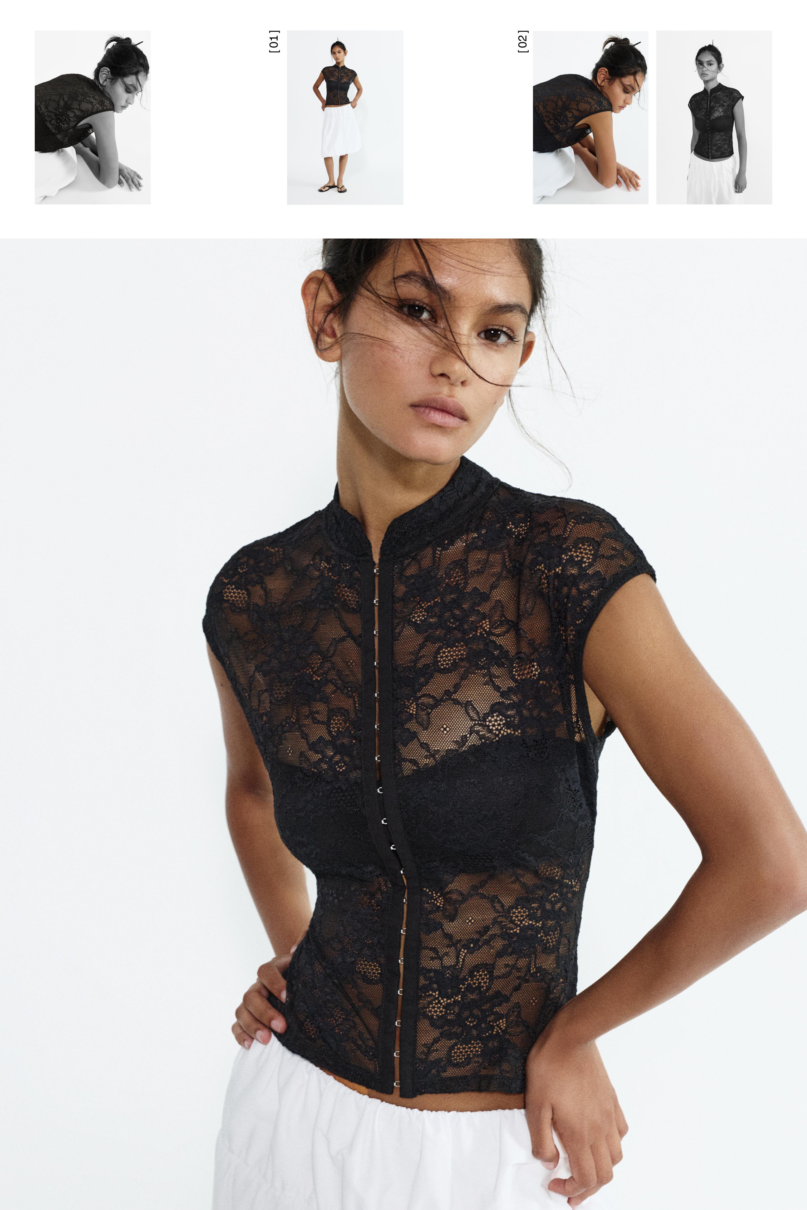 Lace stand collar top — Black