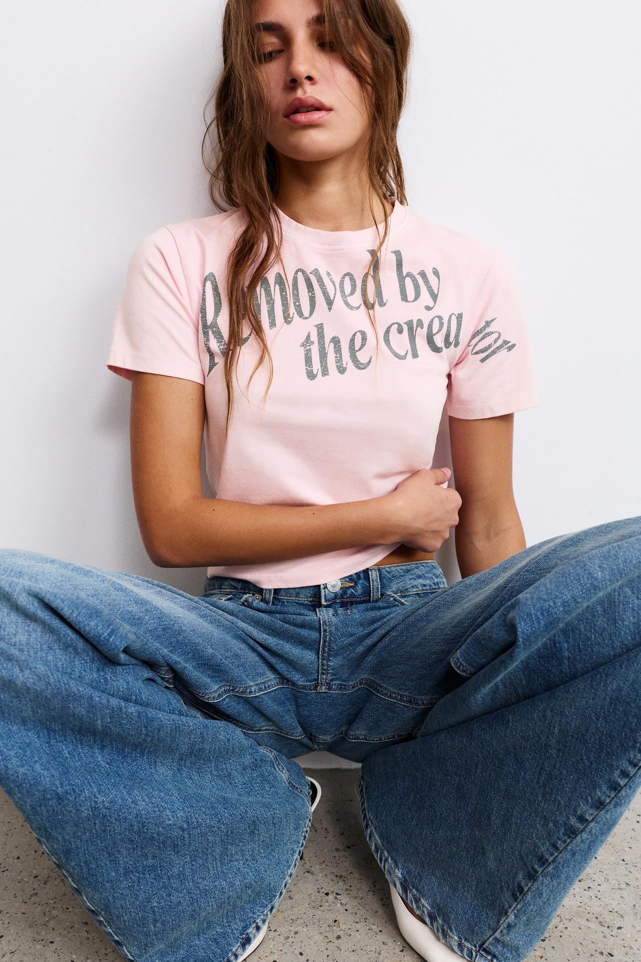 T-shirt with graphic and slogan — Pink/White