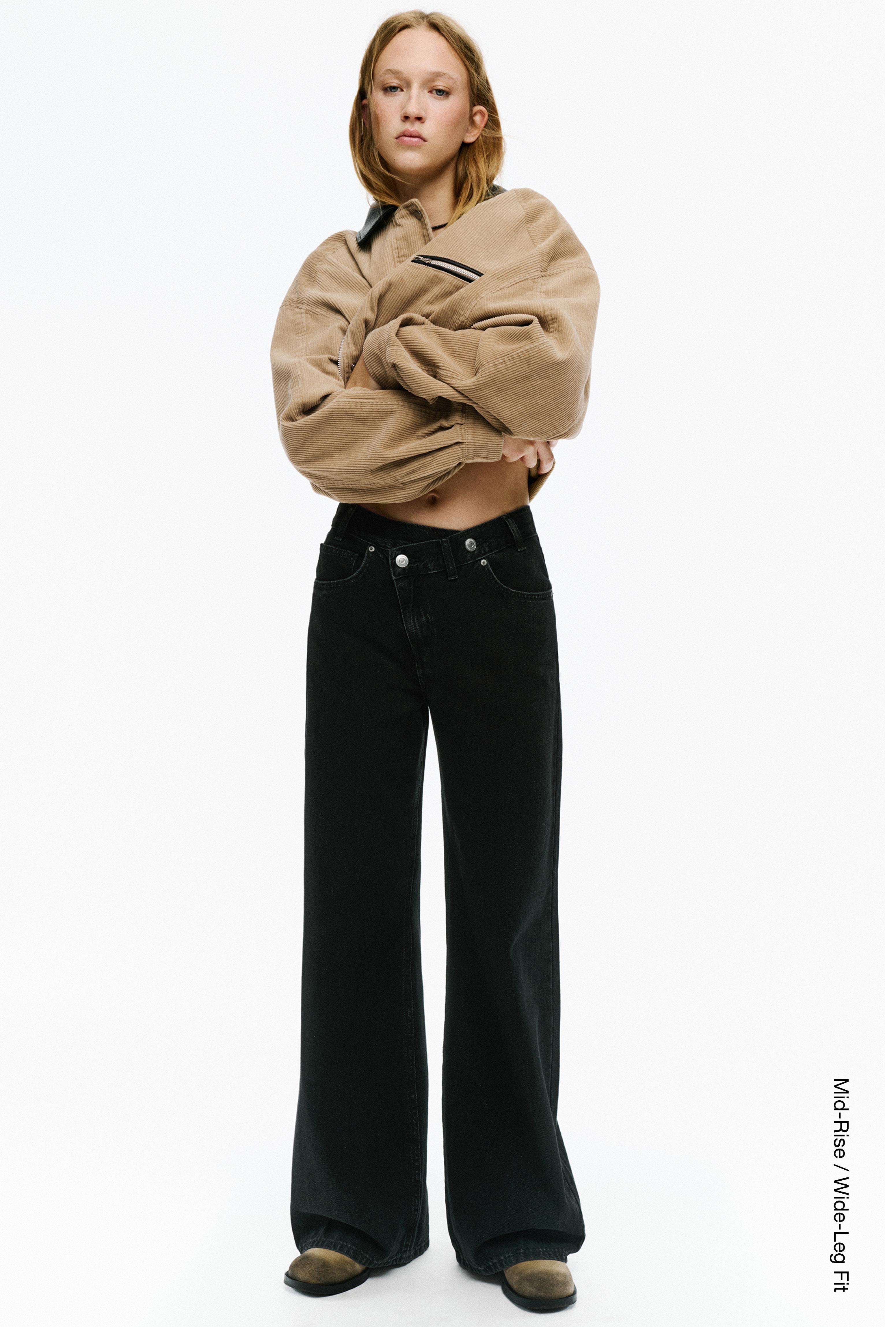 Wide leg jeans with crossover waistband — Black