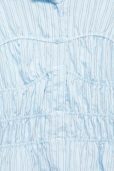 Striped long sleeve gathered shirt — White/Sky Blue 7