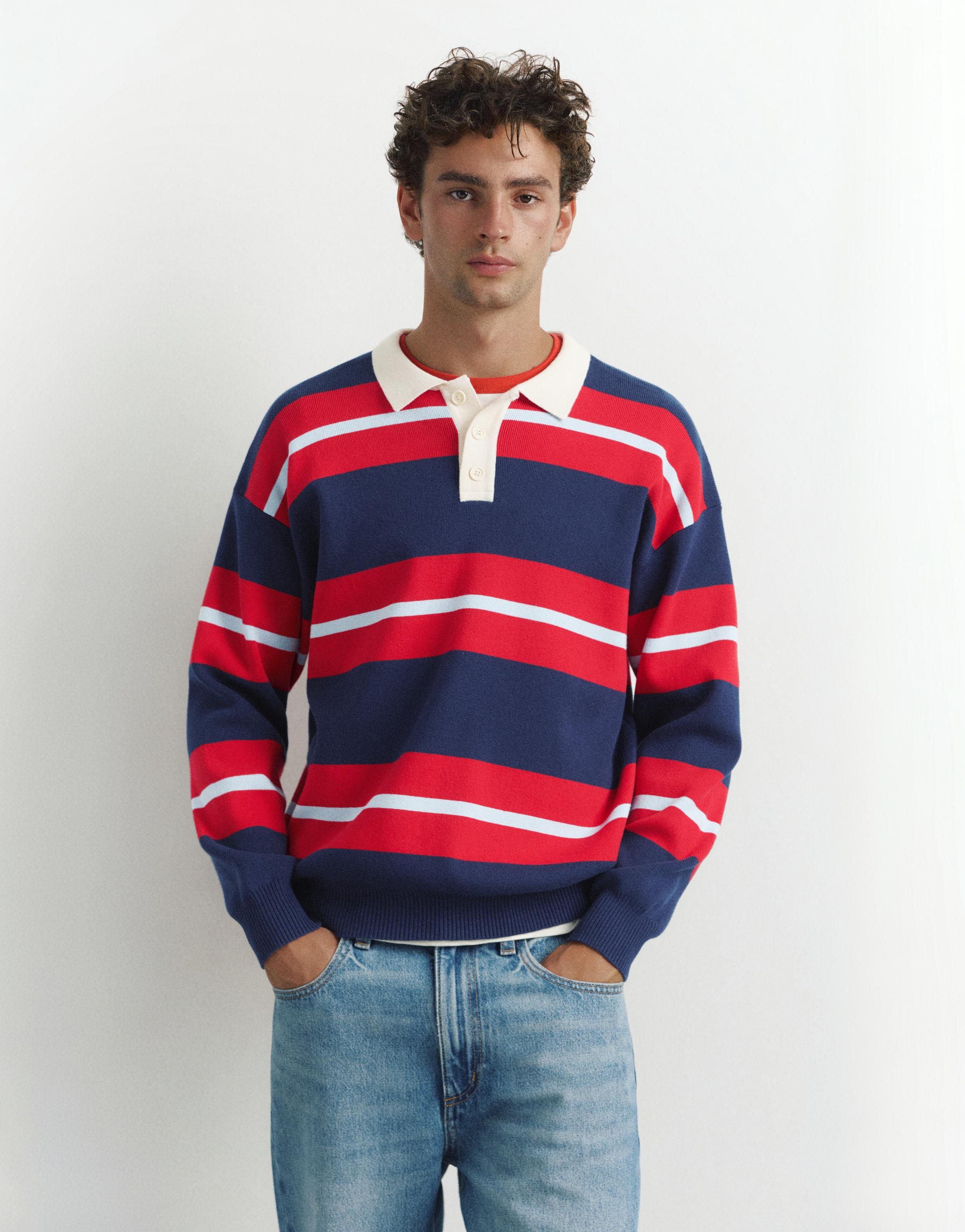 Striped knit polo shirt — Navy