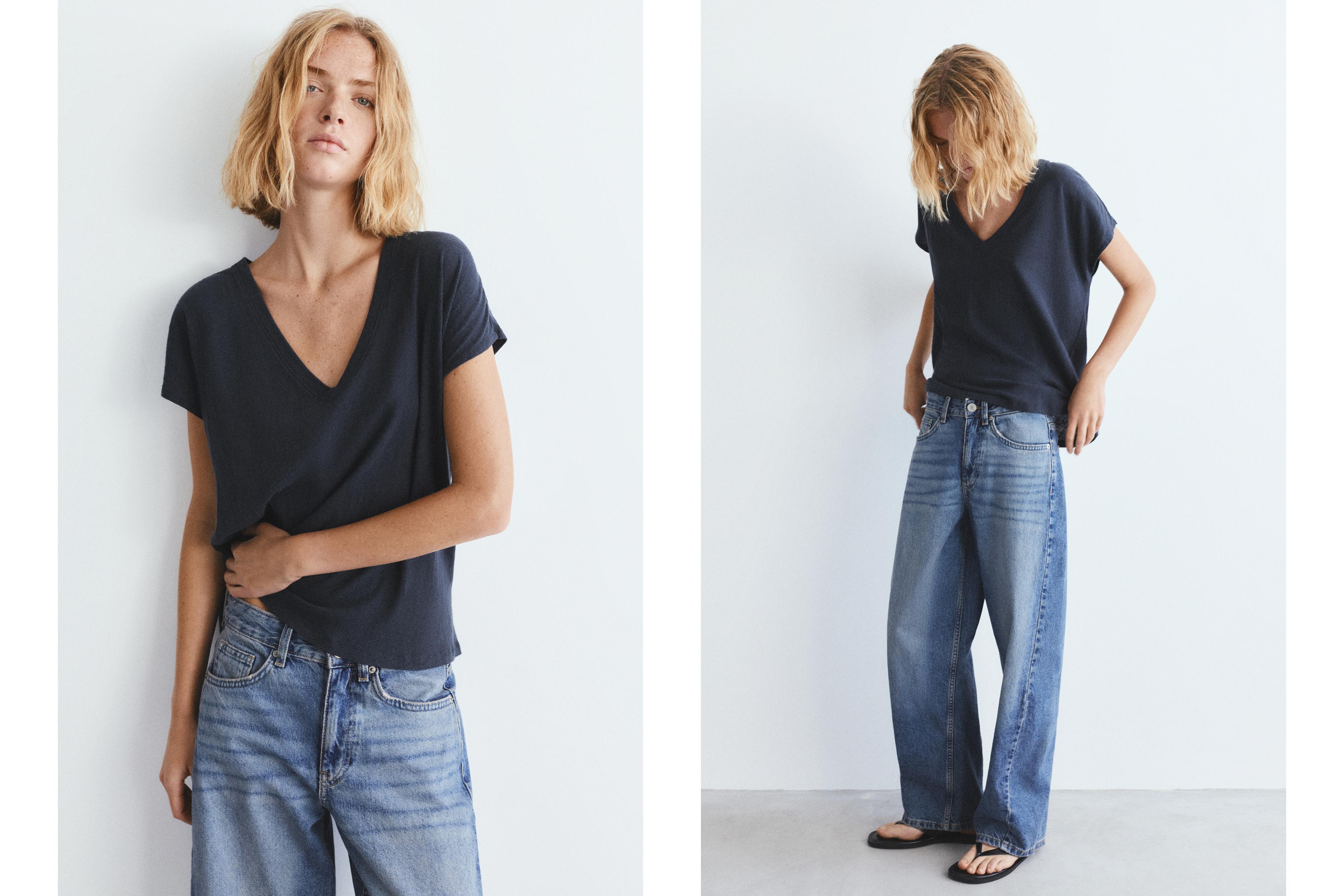V-neck linen T-shirt — Medium grey